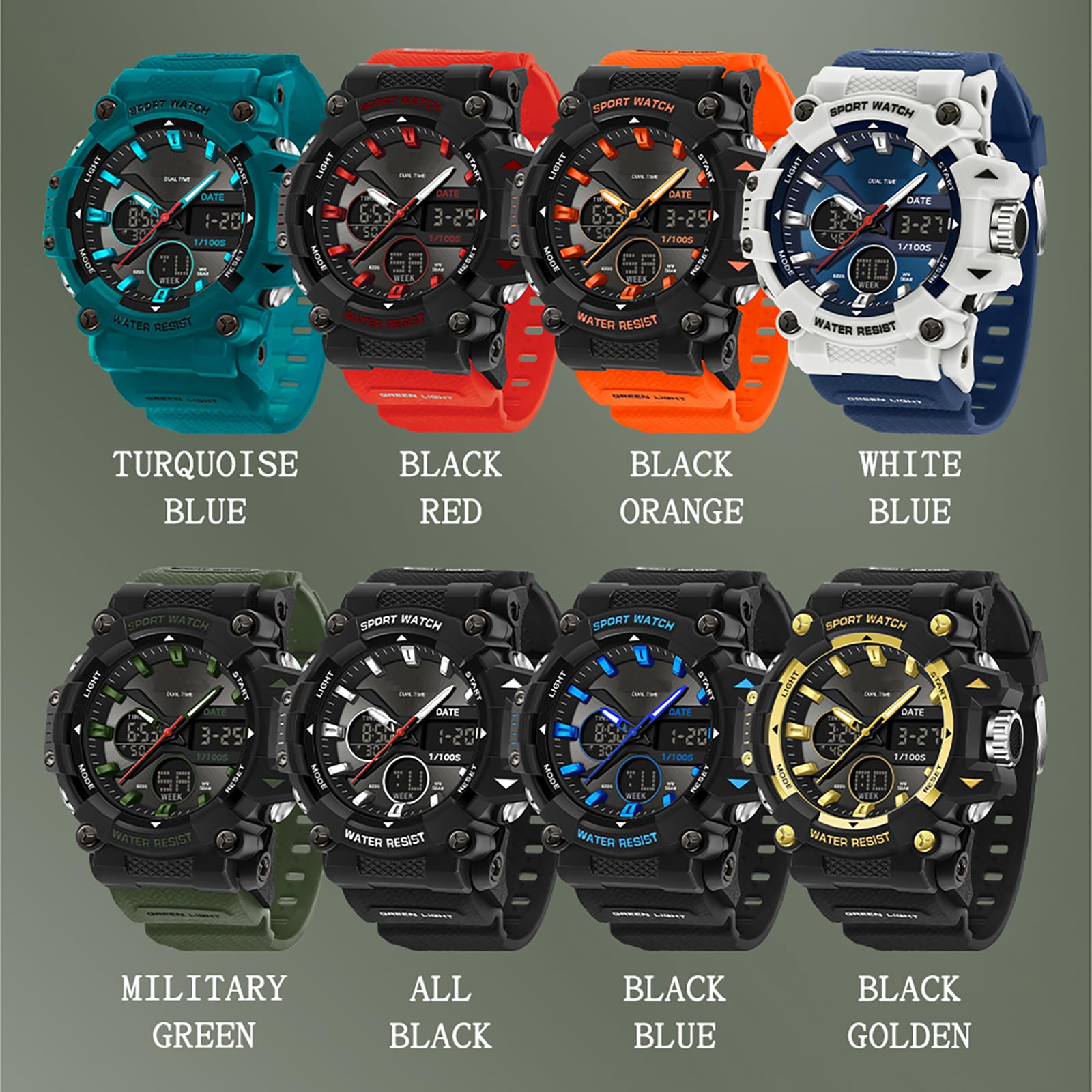 findtime Montre de sport pour homme avec date, analogique, numérique, rétro-éclairage LED, étanche, doré, Décontracté