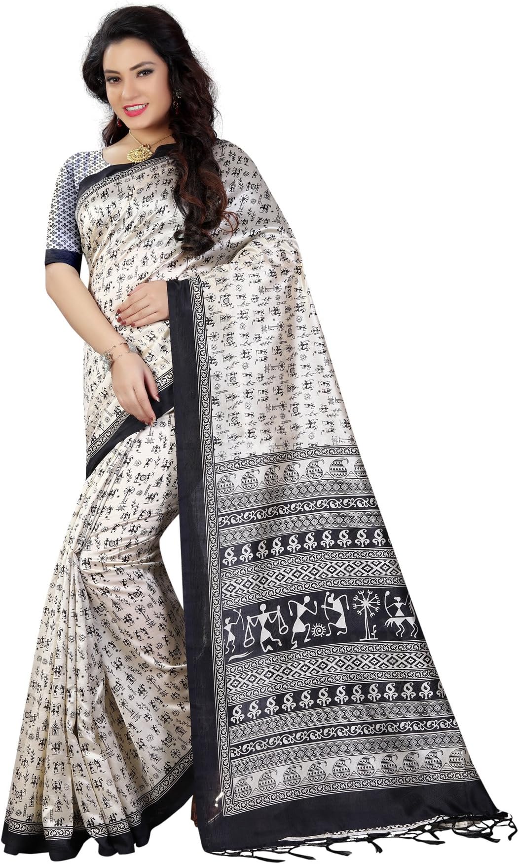 Shree Sanskruti jaal with Blouse Piece Saree (Art Silk 2_White and Black_Free Size)