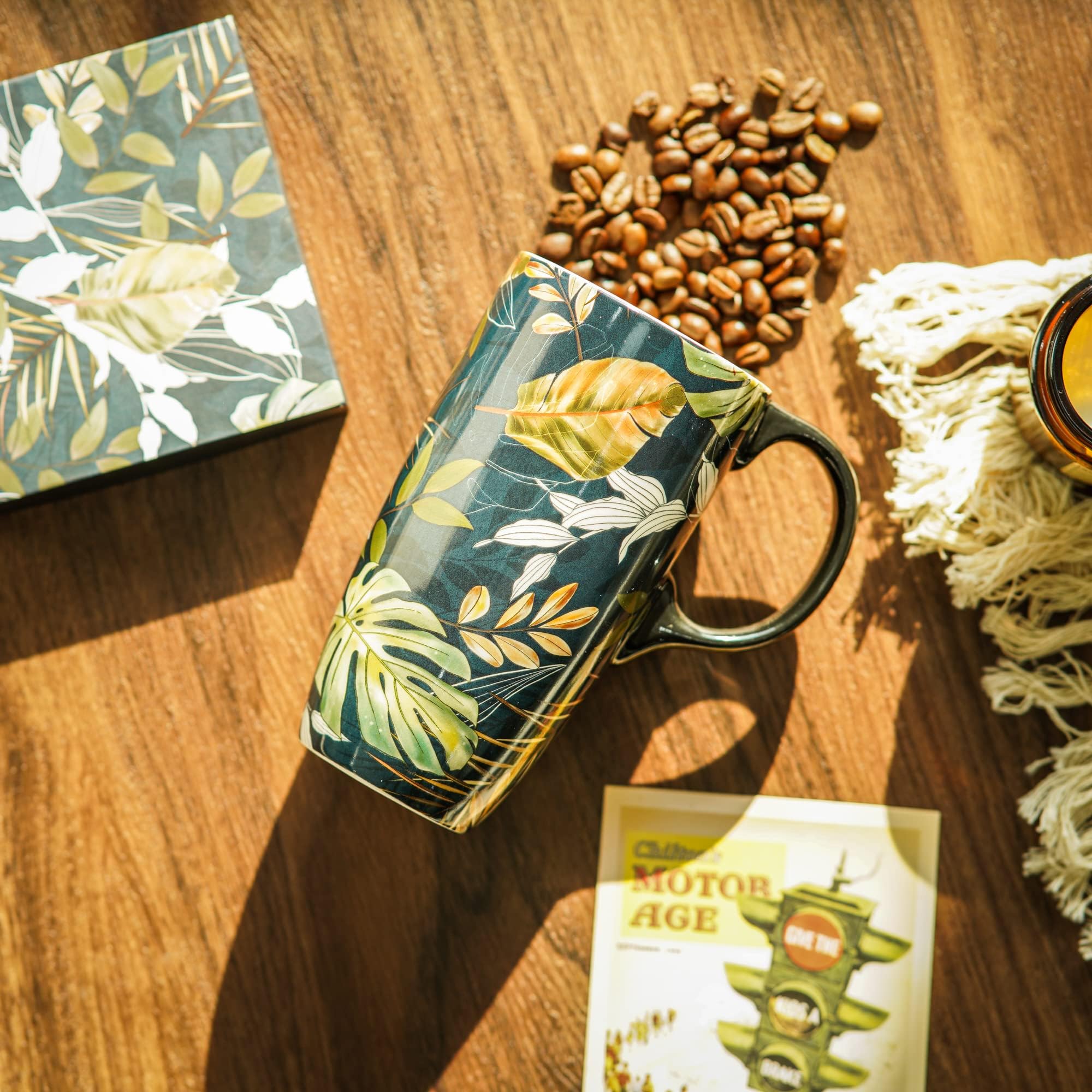 DUSVALLY Ceramic Mug Coffee Cup Ceramic Travel Mug with Lid and Color Box,17oz. Large Coffee Mug,Leaves - Image 4