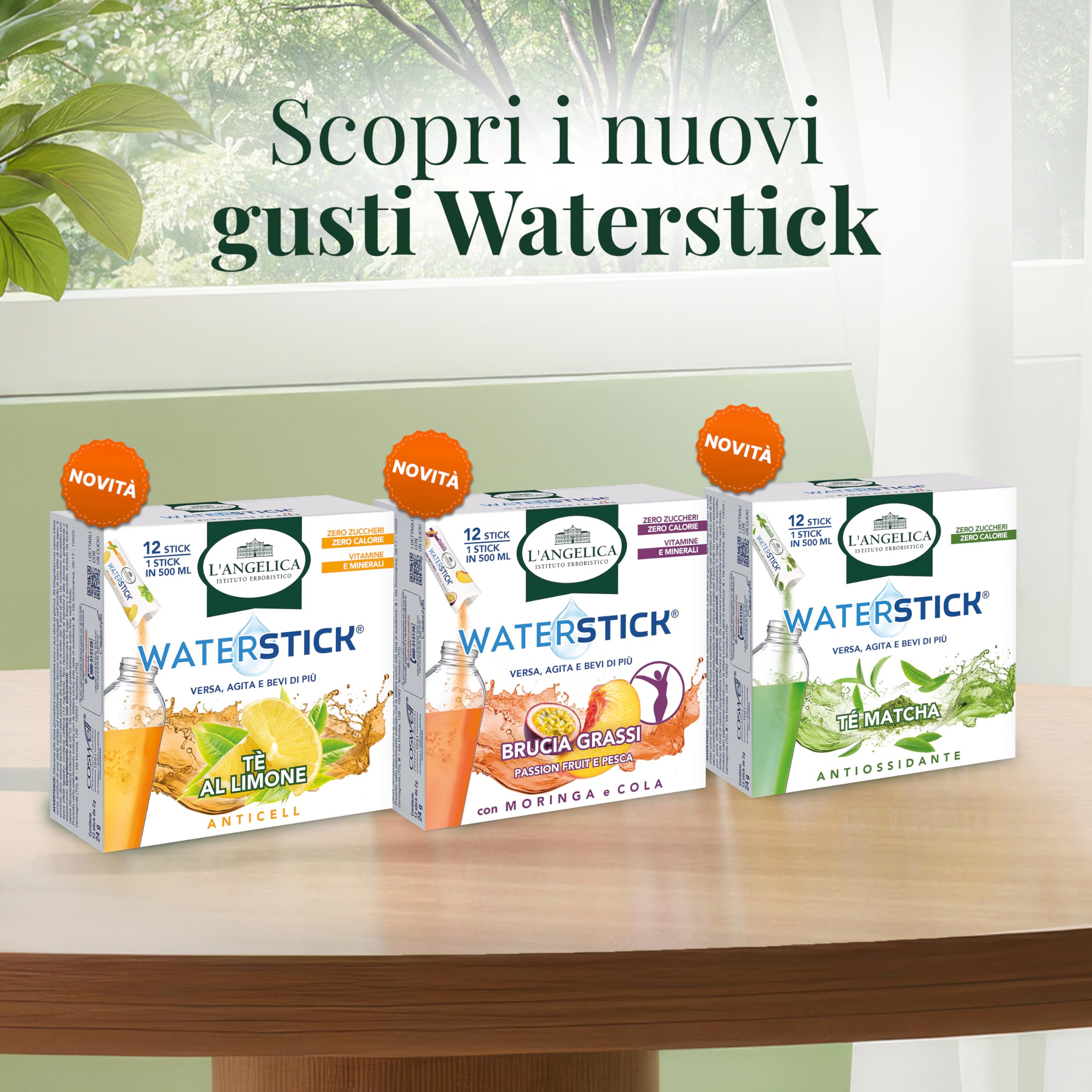 L'Angelica, Waterstick Antiossidante, Gusto Tè Matcha, Contrasta la Stanchezza Fisica e Mentale, Zero Zuccheri, Zero Calorie, Senza Glutine, Lattosio, Vegano, 6 Astucci da 12 Stick