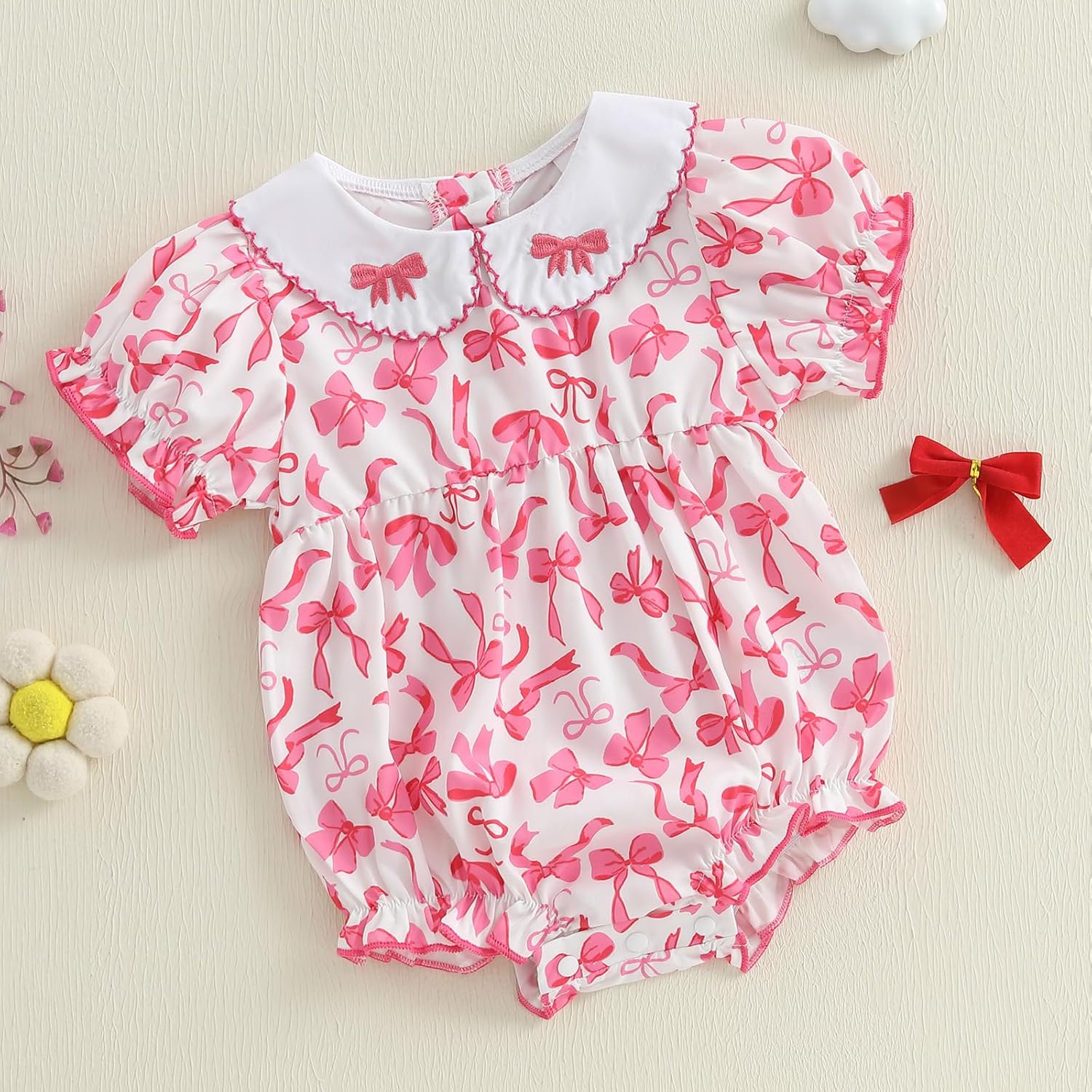 Newborn Baby Girl Summer Clothes Doll Collar Bow Print Sweet Jumpsuit Romper Short Sleeve Onesie Bodysuit Jumpsuit - Image 3