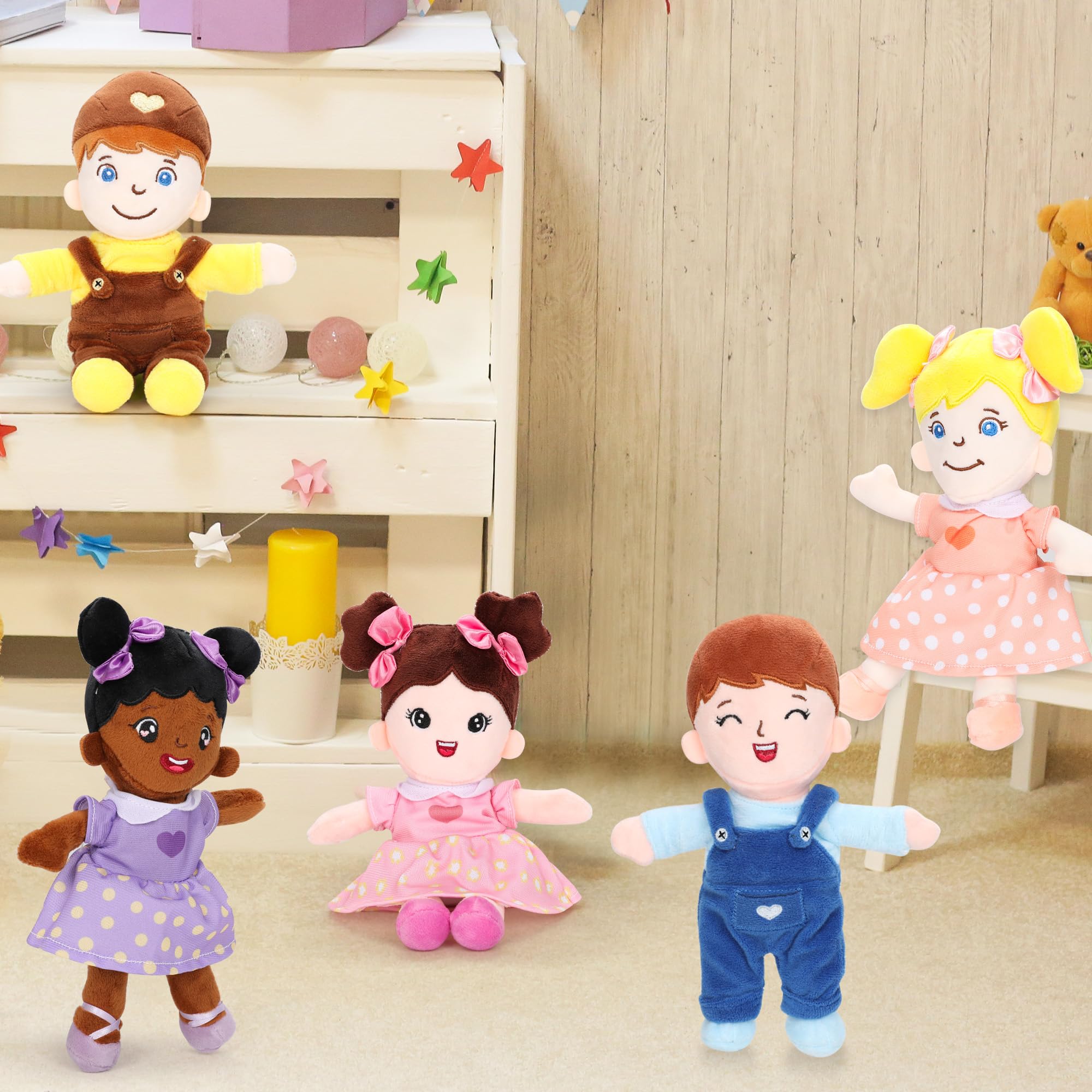 Qpewep Basket of Baby Plush Dolls - 8" Plush Diversity Baby Dolls- 6 Piece Set Interchangeable Clothes Soft Stuffed Plush Figures for All Ages Xmas Gift - Image 5