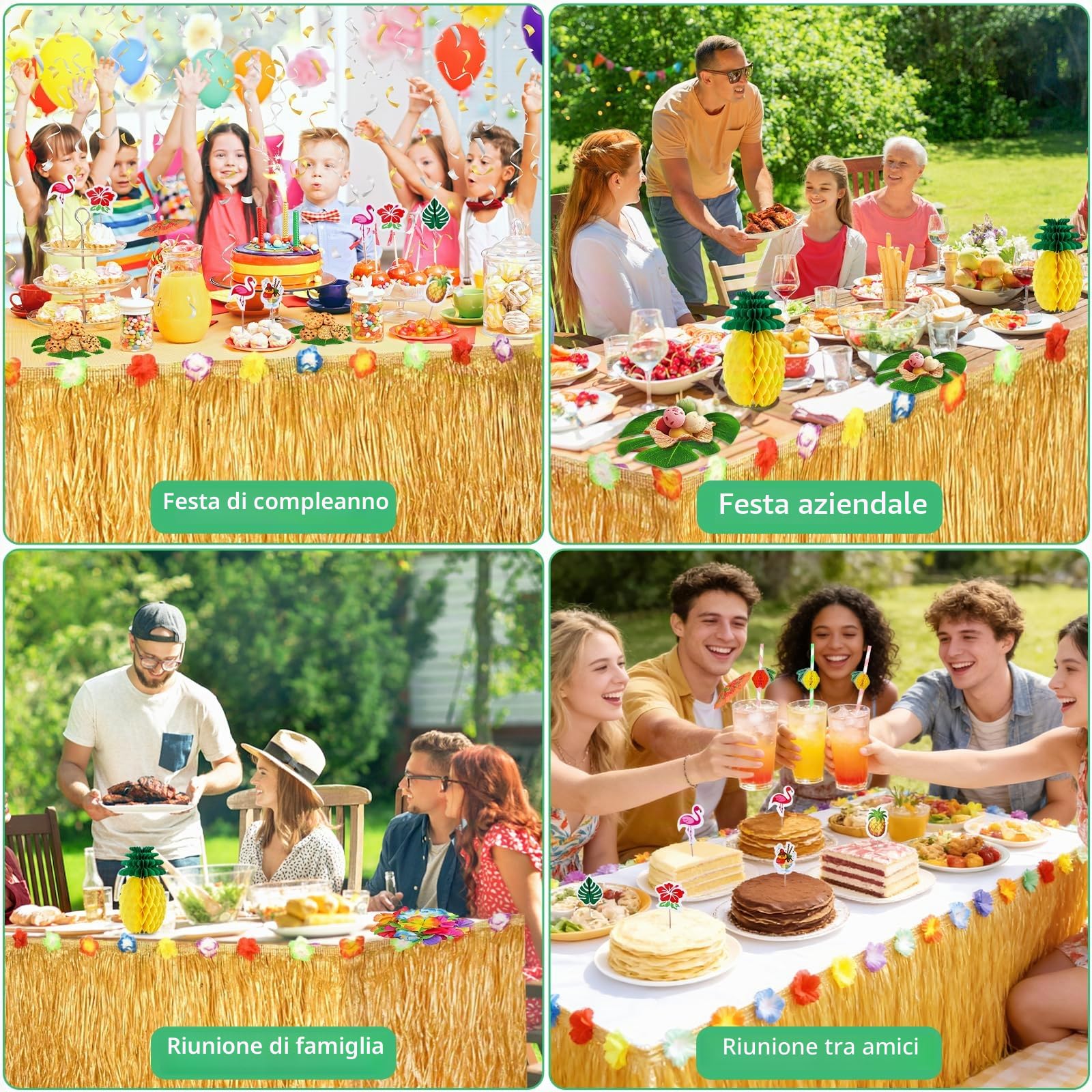 112 Pezzi Gonna Tavolo Hawaiana Tovaglia da Tavolo Set, Decorazioni Festa Hawaiana, Stendardo, Fiori, Foglie di Palma Artificiali, Forchette per Torta e Cannucce per Feste a Tema Hawaiano