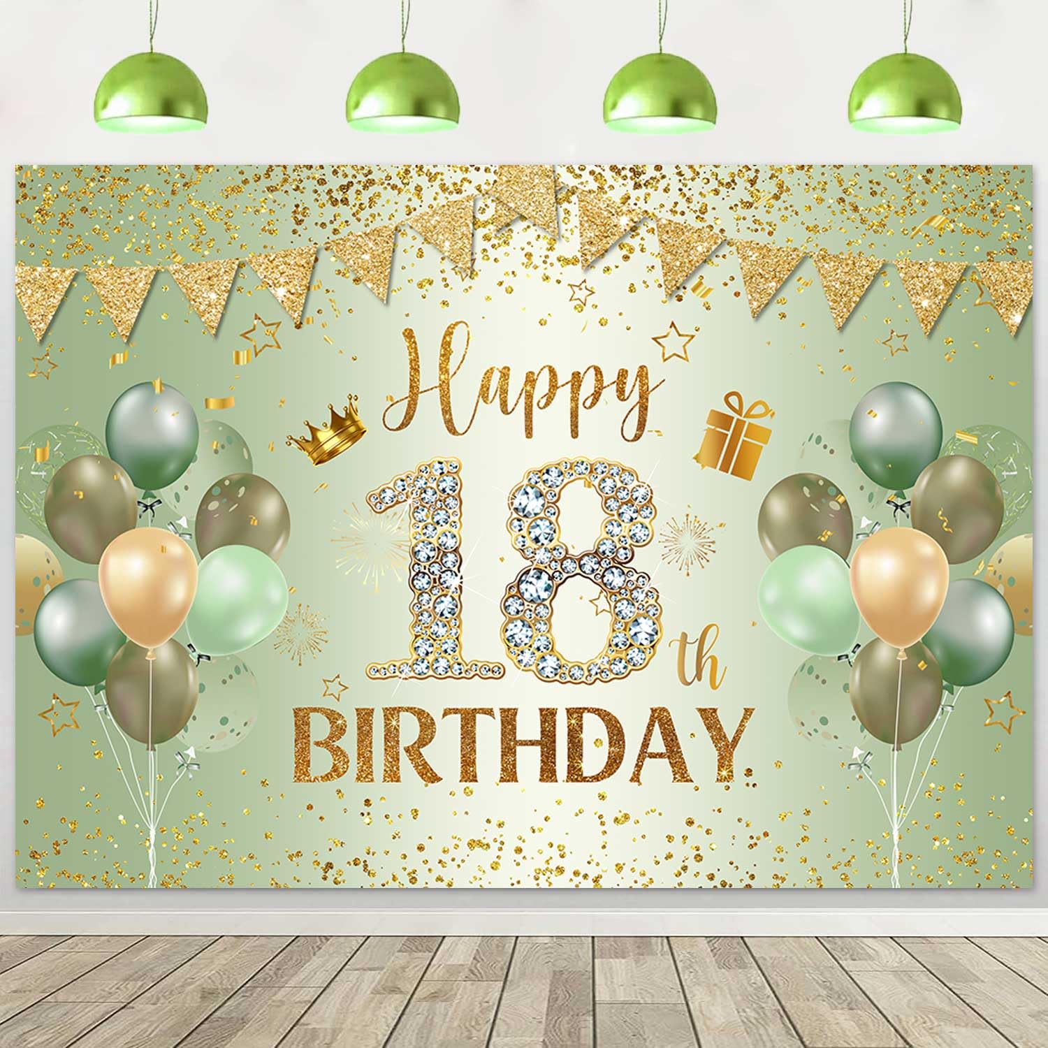 Ayayiya Happy 18th Birthday Backdrop, Sage Green Gold 18th Birthday Banner for Boys Girls 18th Birthday Party Decorations Supplies Eighteen Year Old
