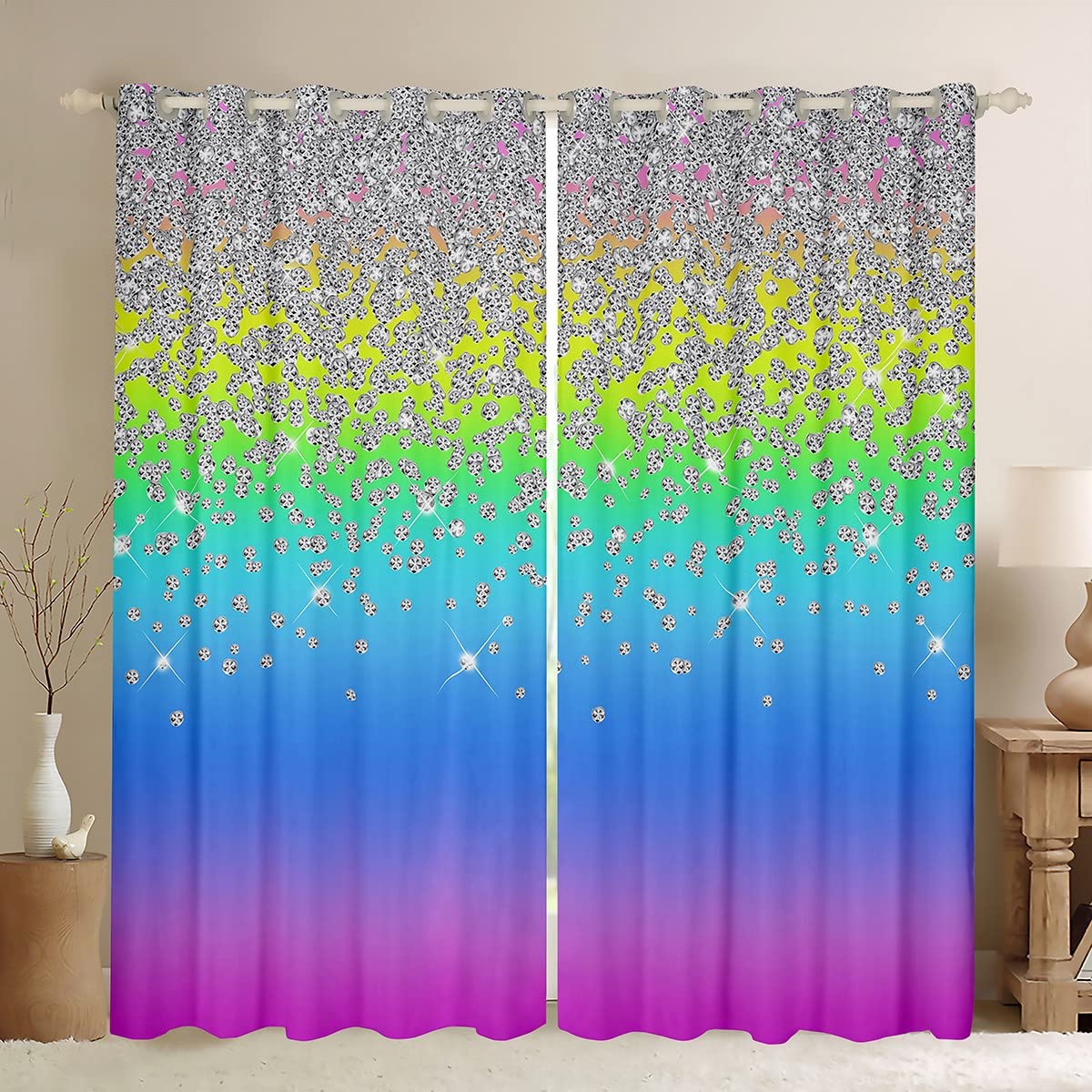 Loussiesd Silver Glitter Blackout Curtains(No Glitter) Blingations Curtain Diamond Rainbow Color Darkening Window Drapes for Bedroom Bedroom Window Treatments W52*L90 โ image 1