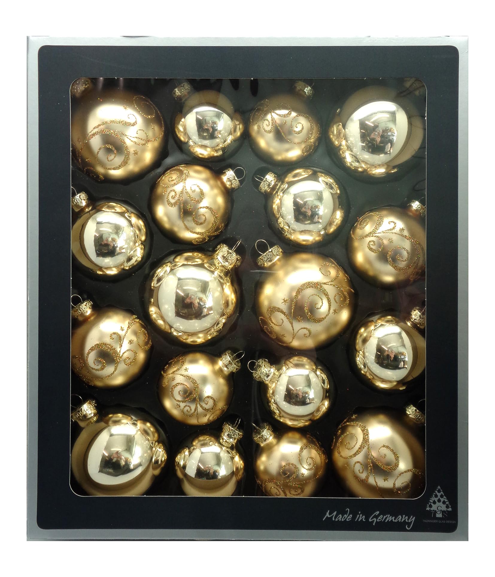 Kugel Set aus Glas, Weihnachtskugeln inkl. Aufhänger, Glanz und matt, Christbaumkugeln, Christbaumschmuck, Dekoration, unbekannt, Honig/Gold