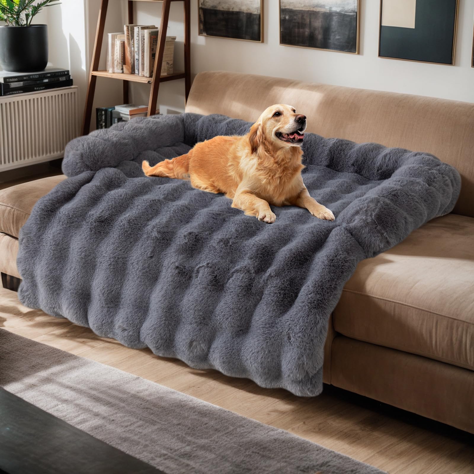 OKYUK Dog Bed - Ultra Comfortable Dog Basket Sofa, Dark Grey Long Hair, L 90 x P 90 x H 13 cm