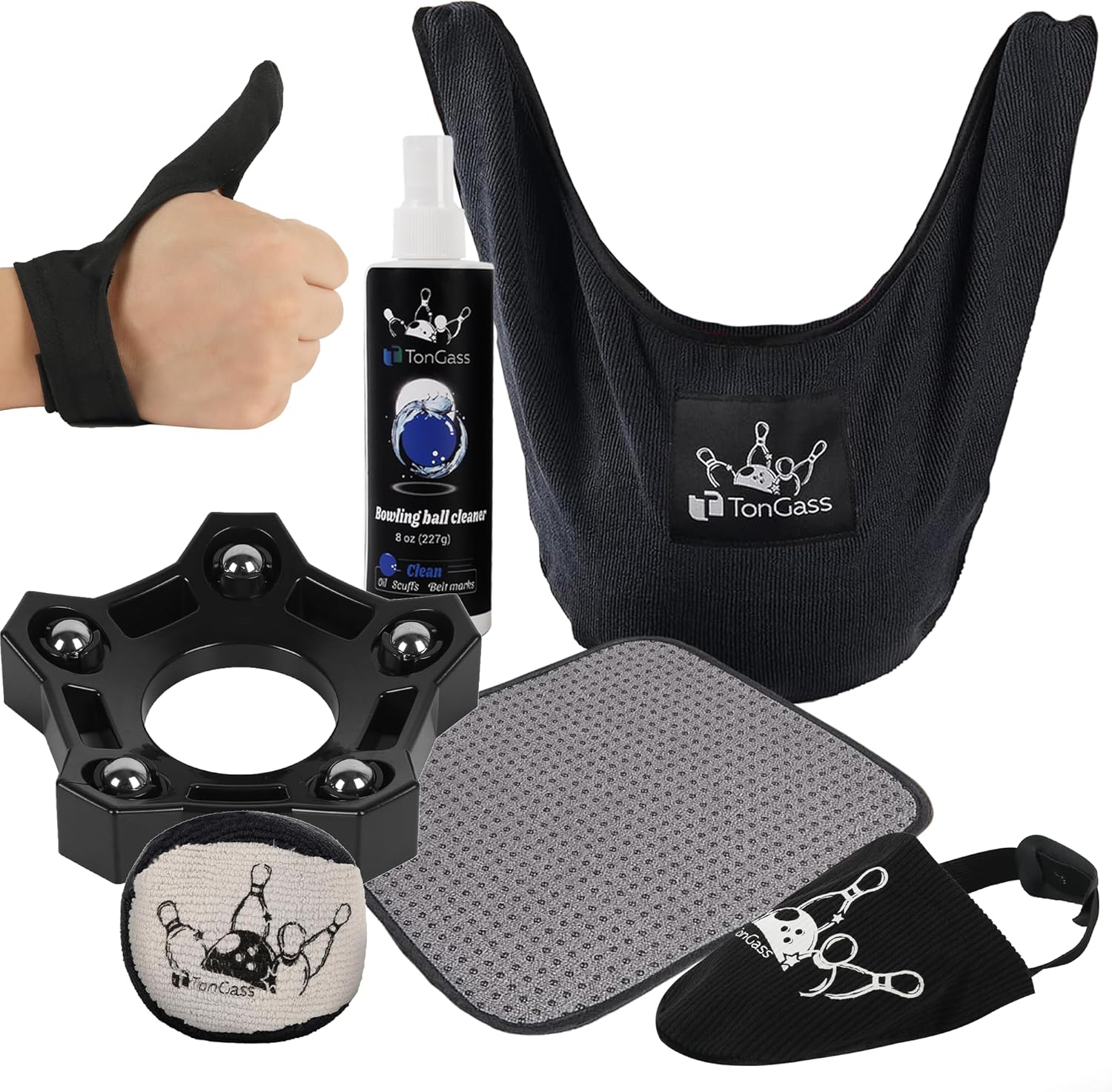 TonGass Bowling Basics Accessories Set, Microfiber Bowling Ball Seesaw Towel Set, Bowlings Cleaner Spray and Thumb Saver Protector (Right) Kit, Bowlings Rotating Ball Cup and Shoe Slider Sets