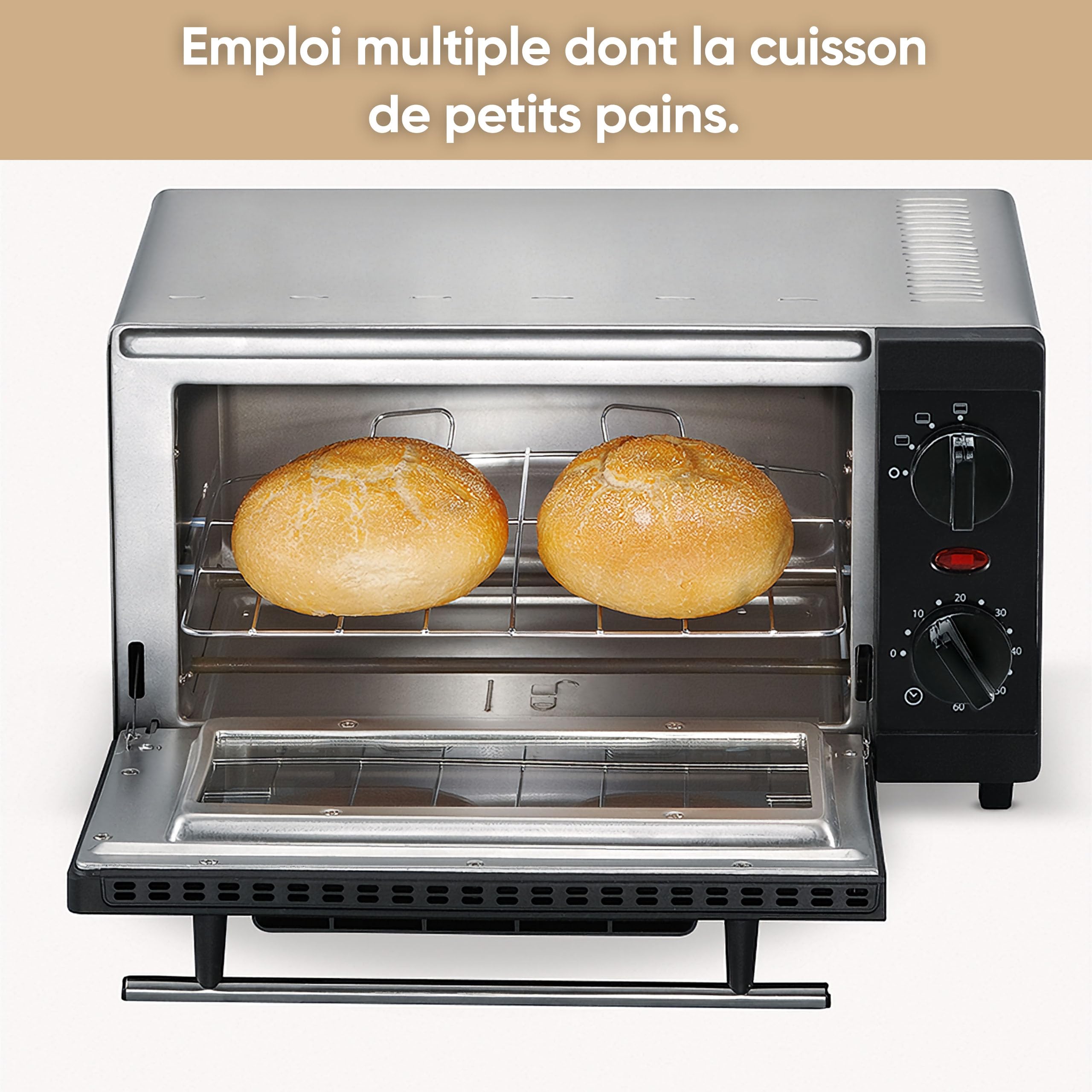 SEVERIN Mini-Four 9 L avec grille et plaque de cuisson incluses, Four posable 800 W design simple et élégant, Mini-four électrique avec minuteur 60 min, Noir/Inox, TO 2052
