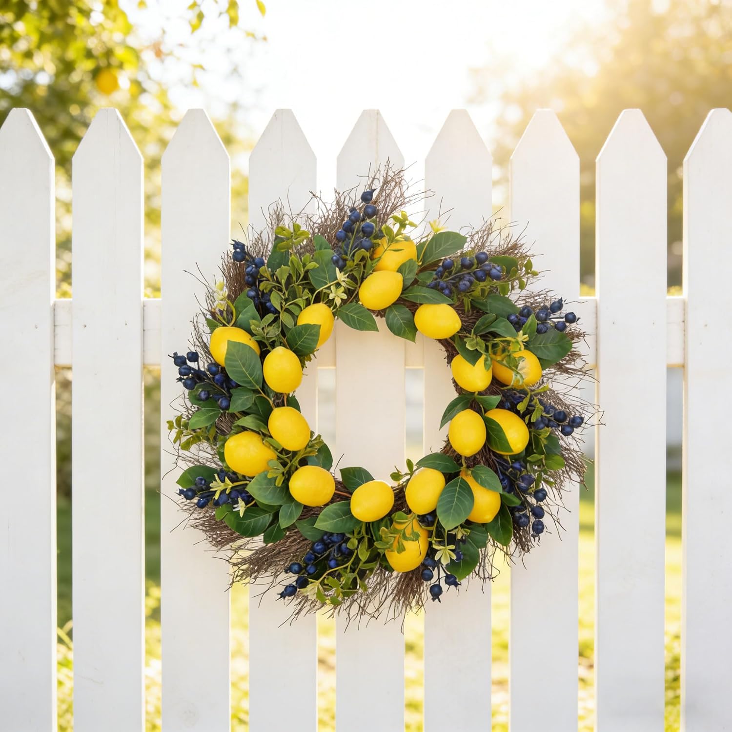 22" Artificial Lemon & Blueberry Wreath - Lifelike Spring Summer Fruit Wreath for Front Door Windows Farmhouse Cottage Kitchen Home Decor