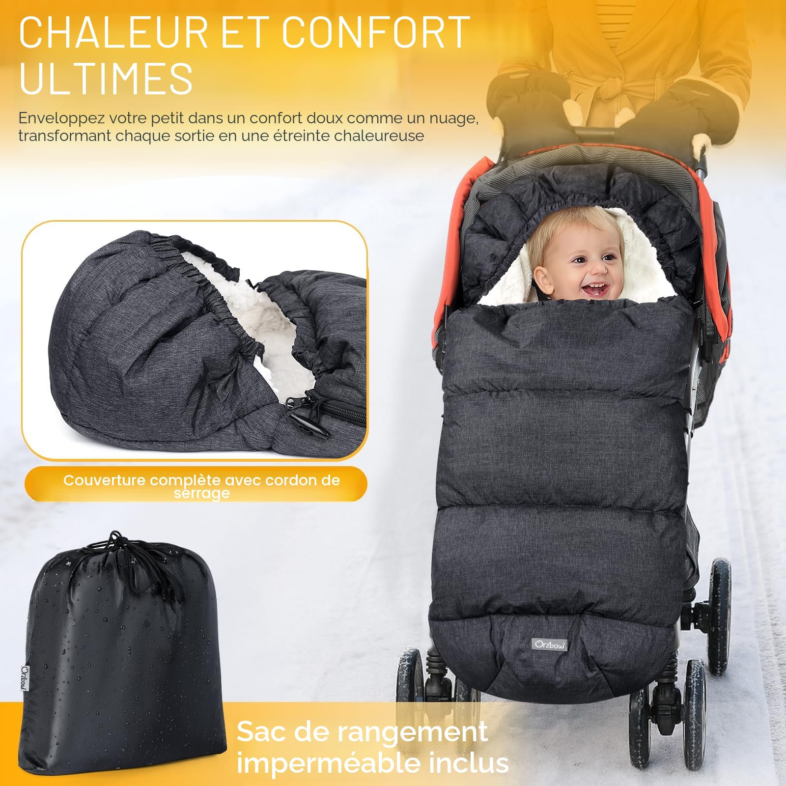 Orzbow Chanceliere Bebe Poussette, Chanceliere Universelle pour Poussette Imperméable, Polaire Sherpa, Fermeture Éclair et Amovible, Gris Foncé