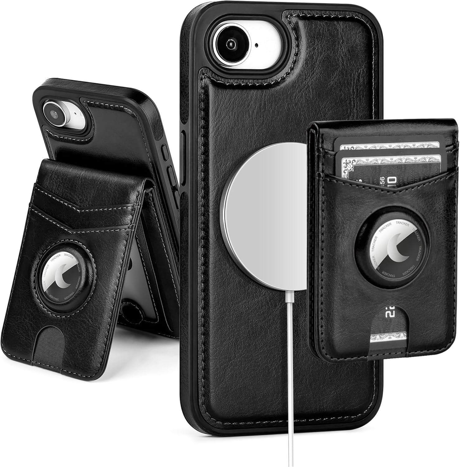 SkyEagle Compatible with MagSafe iPhone 17e / 16e Case Wallet with AirTag Holder,2 in 1 PU Leather Magnetic Detachable RFID Blocking Credit Card Holder Flip Cover Kickstand for Men Women,Black