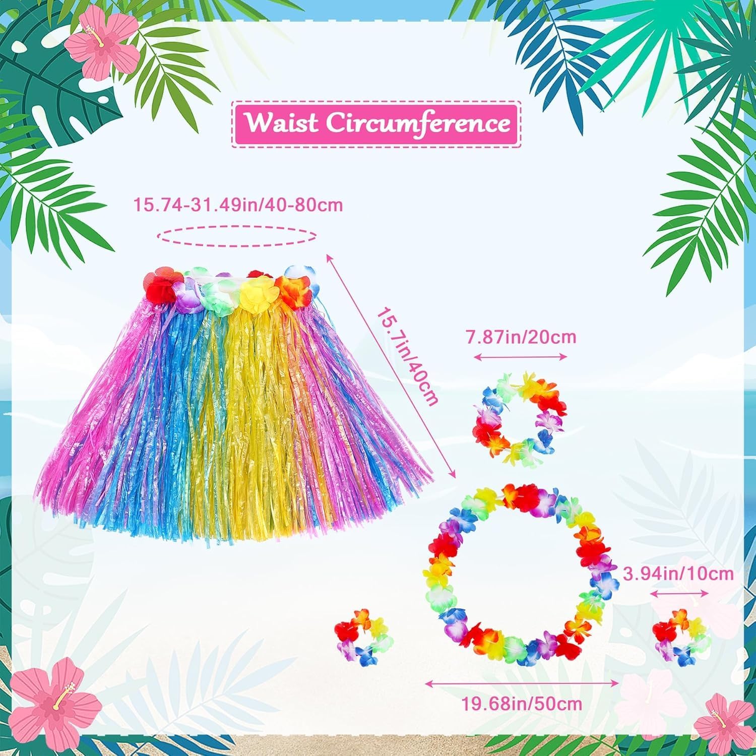 Fortuning's JDS 3 Sets Girl's Elastic Hawaiian Hula Dance Grass Skirt with Flower Costume Set for Luau Tropical Beach Party