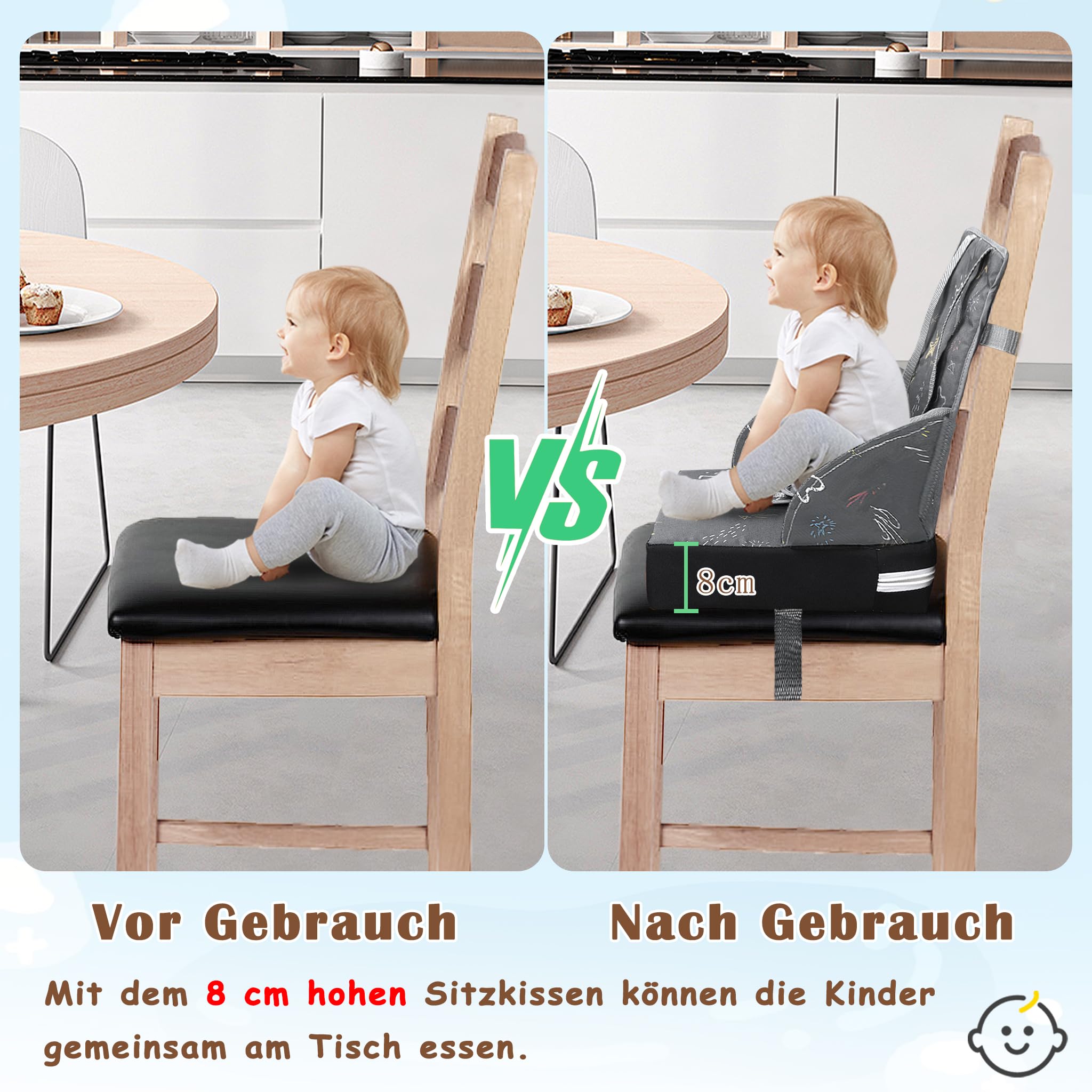 NAIZY Sitzerhöhung Stuhl Kind Kindersitzerhöhung Sitzkissen mit Faltbar Rückenlehne und Dreipunktsicherheitsgurt, Schwämme Boostersitz für Stuhlerhöhung Kinder Baby Essen Stuhl, Grau