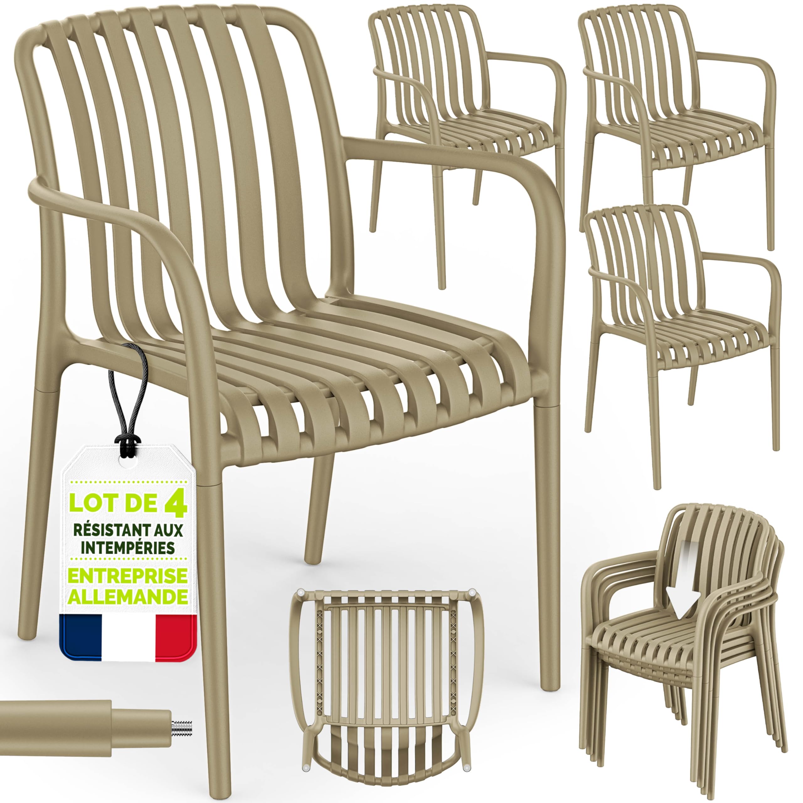 tillvex Lot de 4 chaises de Jardin, empilables, résistantes aux intempéries, avec accoudoirs, Charge maximale : 120 kg, pour extérieur, Balcon, Jardin, terrasse