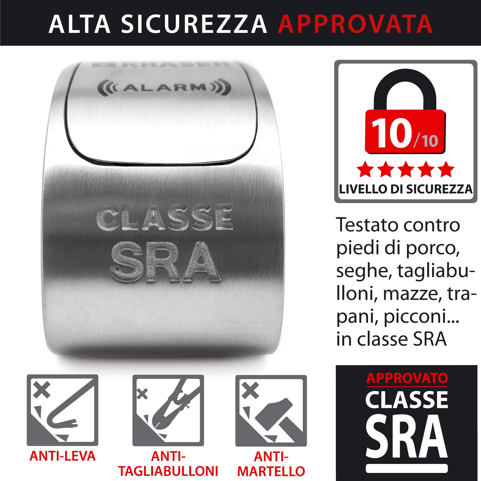 KRASER KR14S Bloccadisco Moto con Allarme 120dB, Omologato SRA, Doppia Fermatura ø14mm, Alta Sicurezza Antistrappo, Impermeabile, Filo Promemoria, Lucchetto Antifurto Moto Blocca Disco