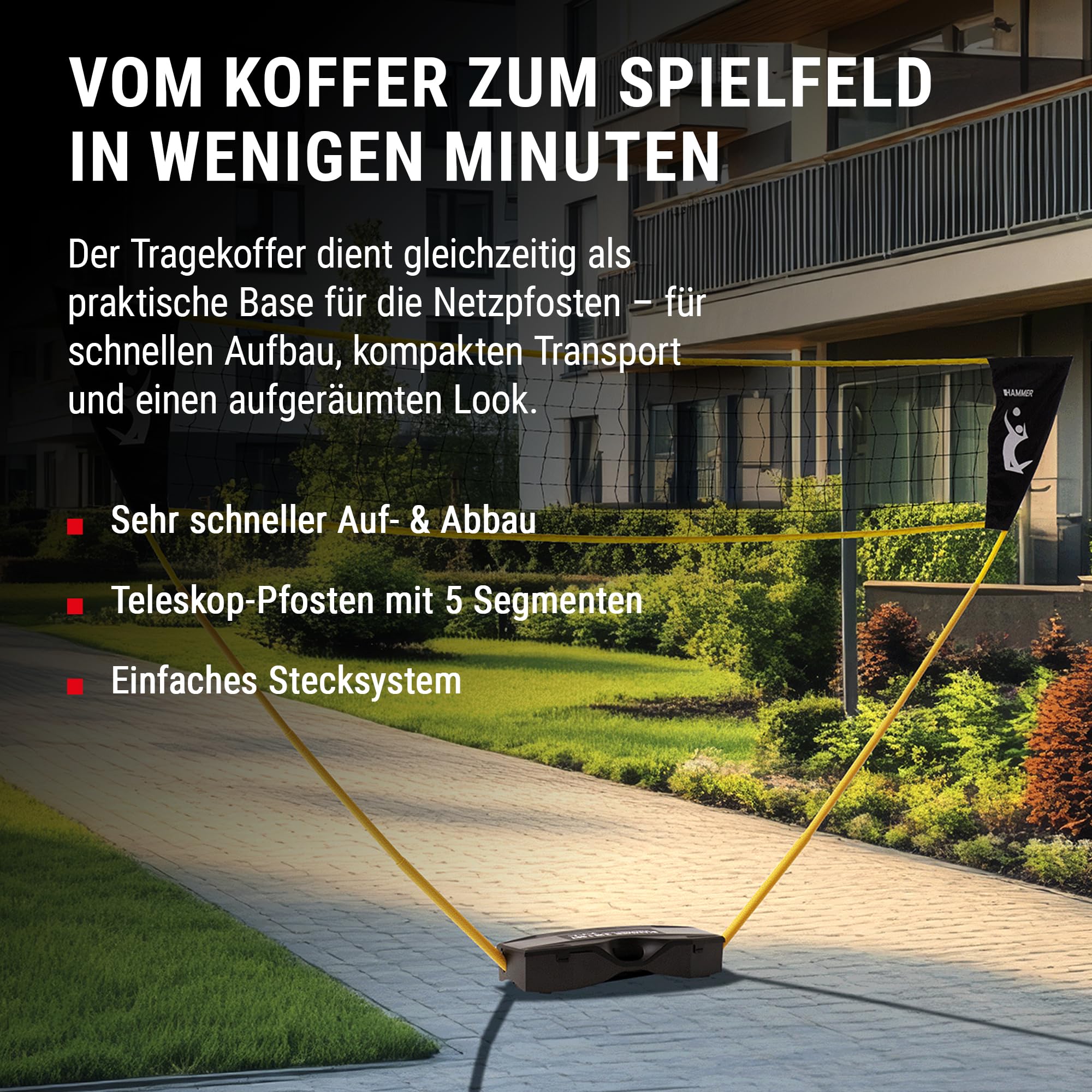 HAMMER Volleyball Netz Set - Volleyball-Set mit Tragekoffer, Pfostenständer, Courtline und Bodenheringe, Leichter Aufbau, Volleyball-Zubehör Spaß für jung und alt