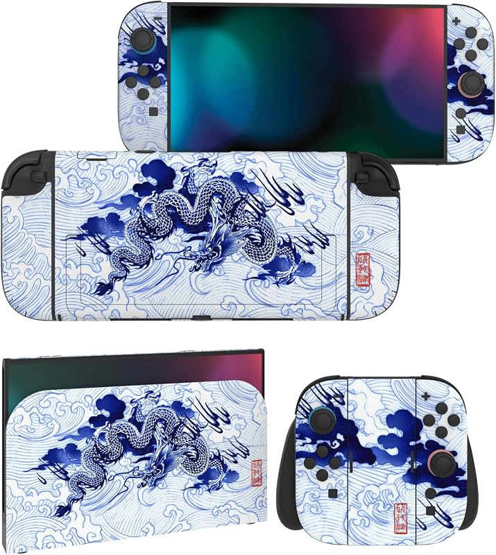 PlayVital for Nintendo Switch 2 Skin Full Set (2-Pack) - Protective Vinyl Decal Stickers for Switch 2 Console, Joycons, Handle Grips & Dock | No Residue, Anti-Scratch - Qinghua Porcelain Style