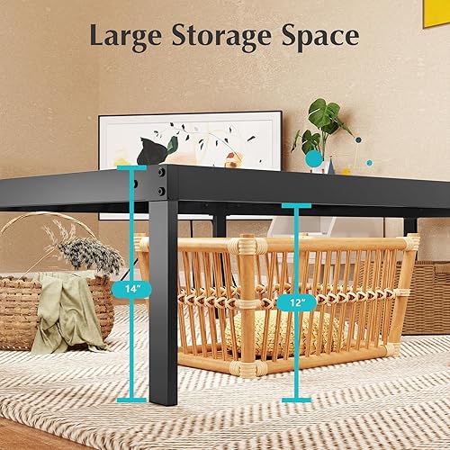 Miniatura 3 de Marco de cama tamaño matrimonial marco de cama de plataforma de metal resistente con espacio de almacenamiento debajo del marco, soporte de listones