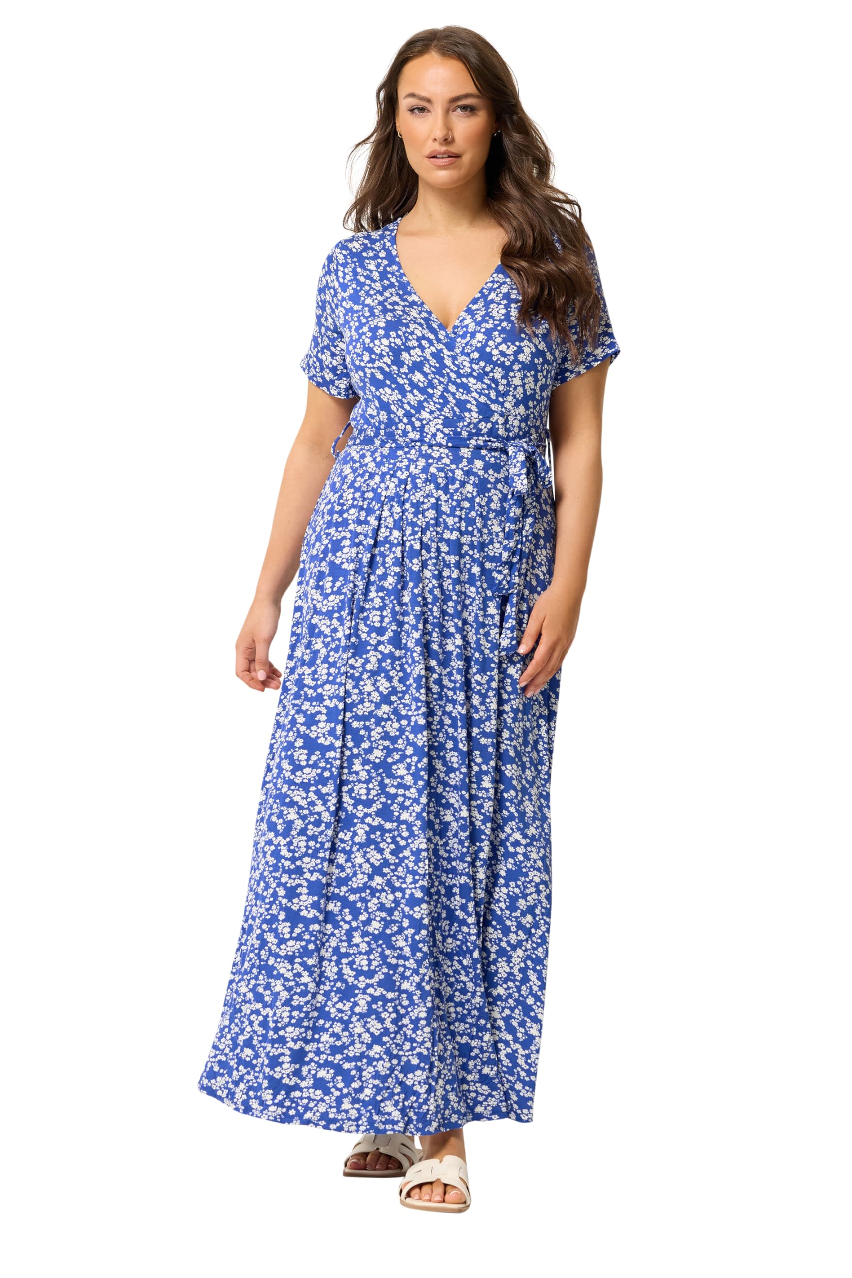Yours Curve Blue Ditsy Floral Wrap Front Dress - Women's - Plus Size Curve