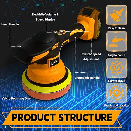 Miniatura 5 de Pulidor de búfer inalámbrico para batería Dewalt de 20 V, pulidora de coche de 6 pulgadas con 8 velocidades variables, kit de pulidores orbitales