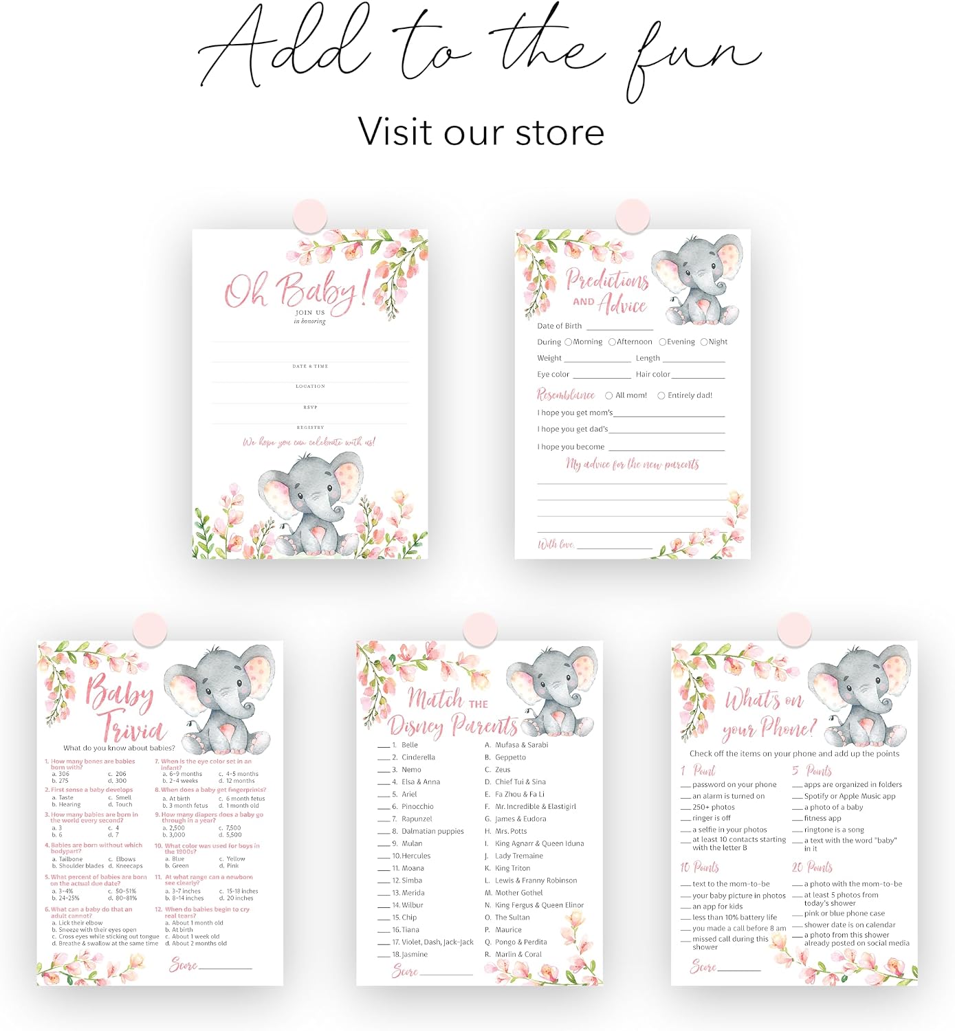 PINK ELEPHANT Baby Shower Game — BABY TRIVIA Game — Pack of 25 — Fun Baby Facts GIRL Baby Shower Games, Pink Floral Baby Elephant Baby Shower Activity, Little peanut Couples Shower G530-TRV