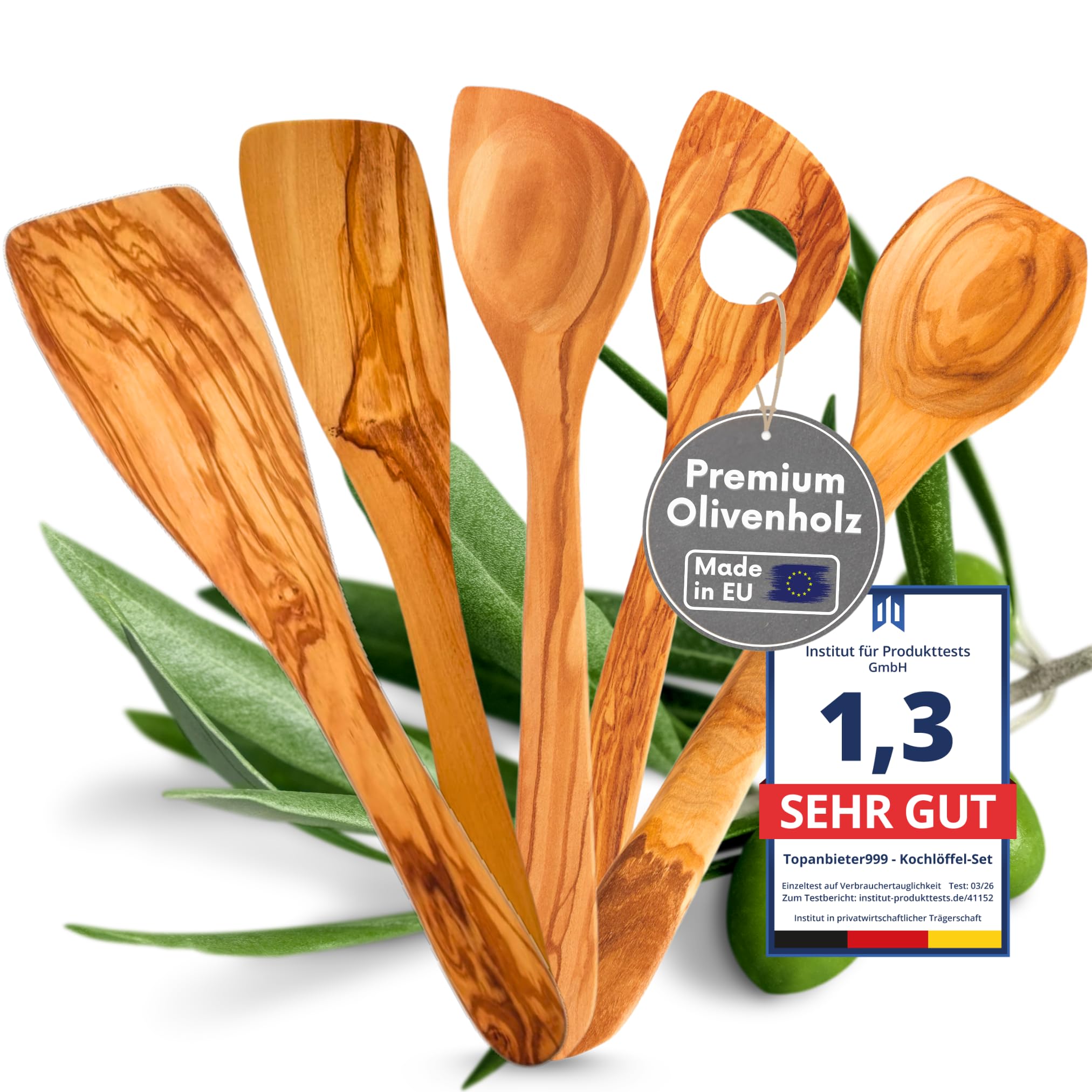 5-tlg. Premium Kochlöffelset-Made in EU 3 Kochlöffel + 2 Pfannenwender aus Olivenholz, langlebig & antibakteriell Küchenhelfer-Set H 30/32 cm