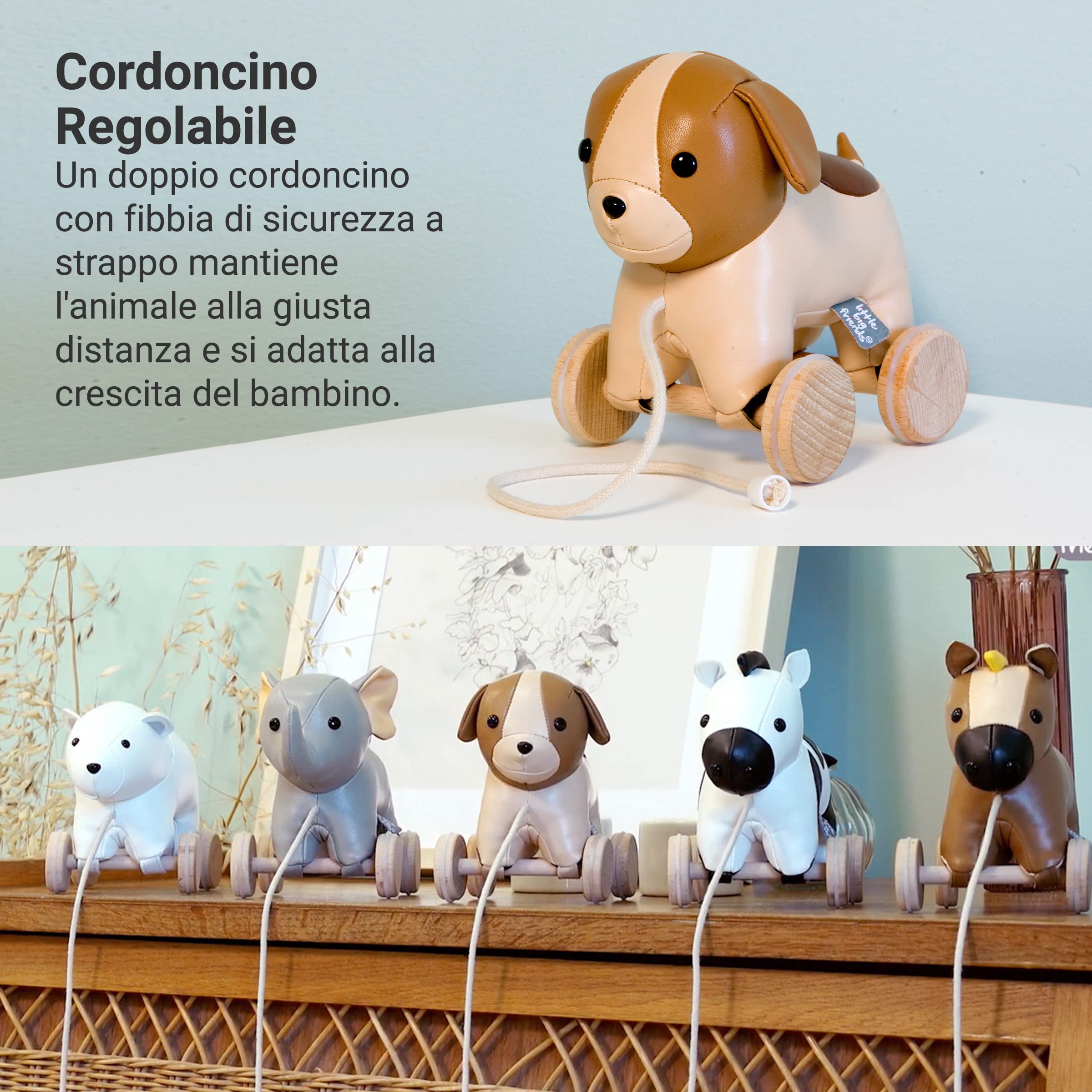 Animali da tirare Little Big Friends | Giocattoli da tirare per bambini | Giocattolo tradizionale | Facile da Pulire | Sicuro per i bambini | Adriano il cane