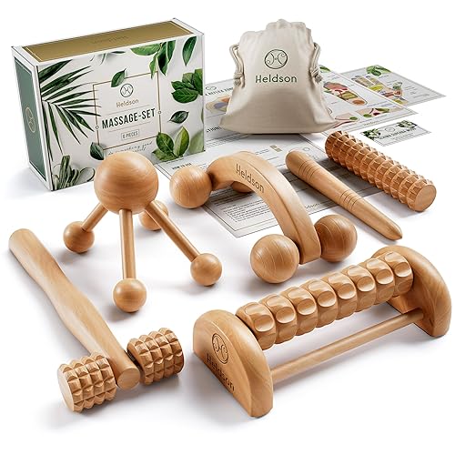 HELDSON® Wooden Therapy Massage Tools [6 Pieces] - Wood Rollers for Body Sculpting - Lymphatic Drainage Massager - Cellulite Tool - Maderoterapia Kit - Back Rolling Stick - Wellness Gifts Women, Men