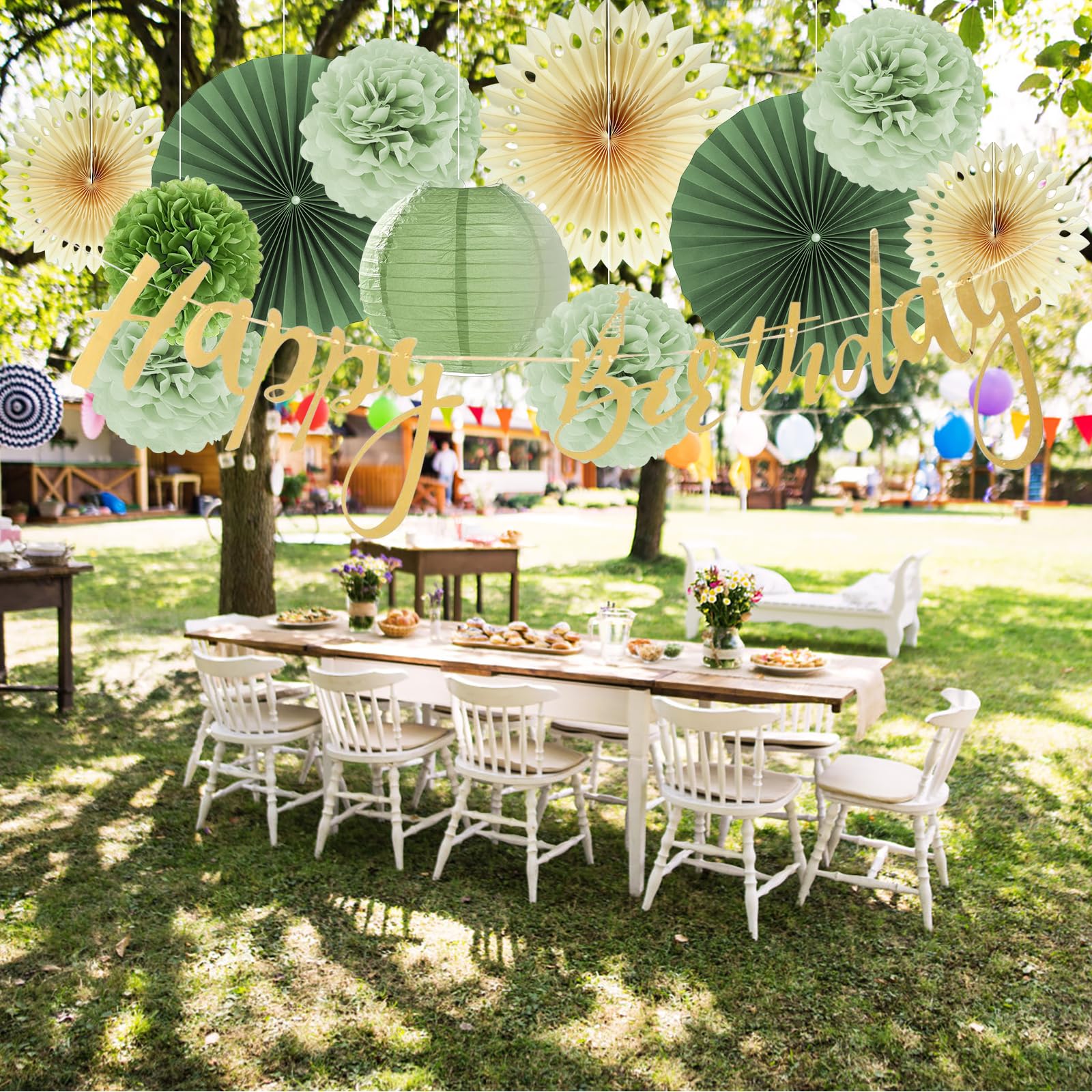 Décoration Fête Thème Vert Sauge – 12 Pièces (éventails, Pompons, Lanterne, Bannière) Pour Anniversaire, Mariage, Baby Shower - 8