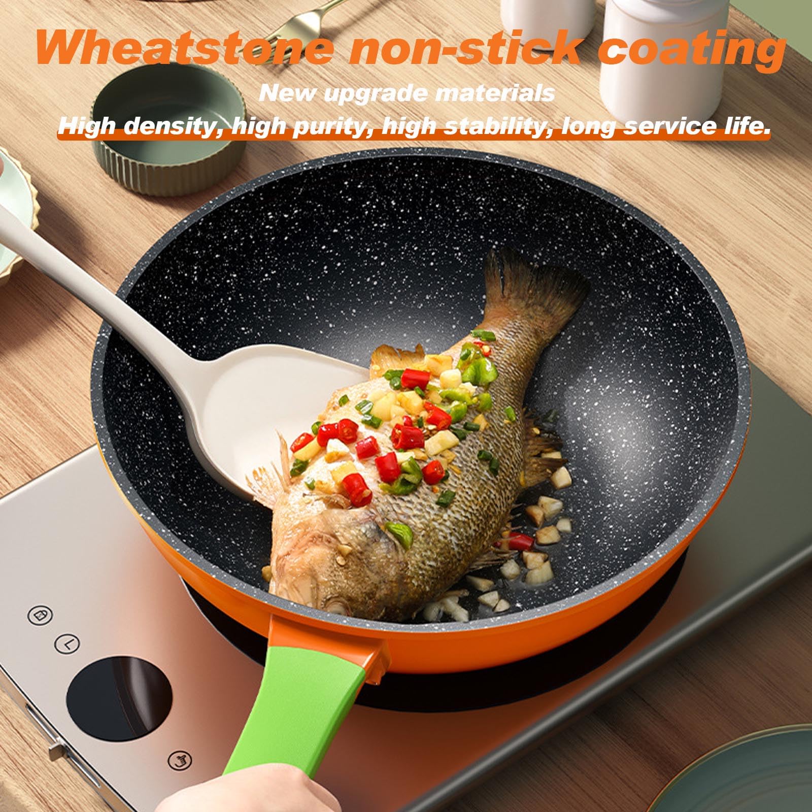 Poêles à frire antiadhésives en fonte de 30,5 cm – Poêle professionnelle en fonte – Batterie de cuisine en pierre – Compatible avec l'induction, sans PFOS et PFOA (citrouille)