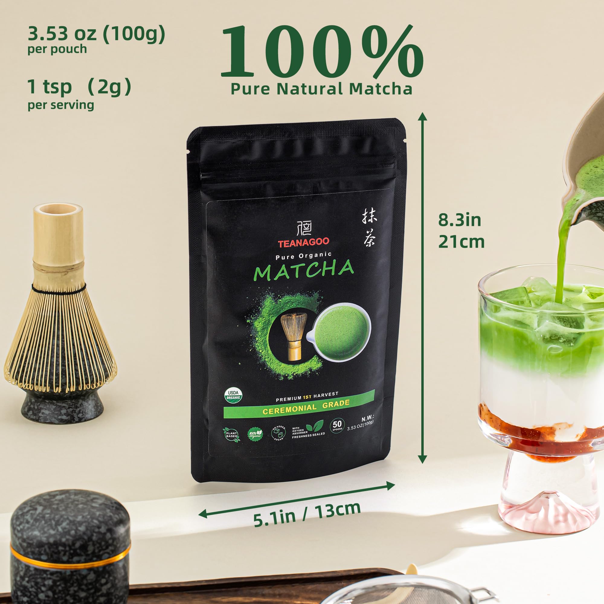 TEANAGOO Matcha Powder Ceremonial Grade Premium Green Tea for Latte Breakfast Beverage Daily Green Tea USDA Organic Ceremony — view 2