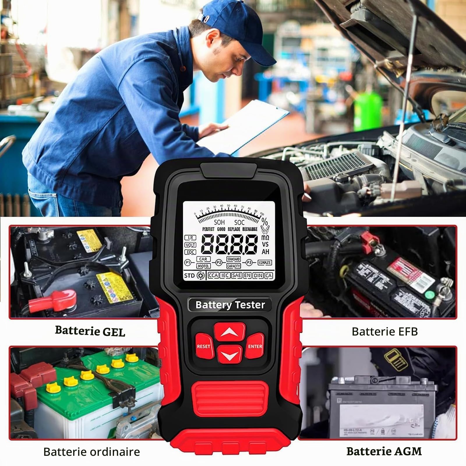 Testeur de batterie de voiture, 12 V/24 V, testeur de batterie de voiture, testeur de batterie de voiture 200-2000 CCA Testeur d'alternateur de voiture, analyseur numérique avec écran LCD pour voiture