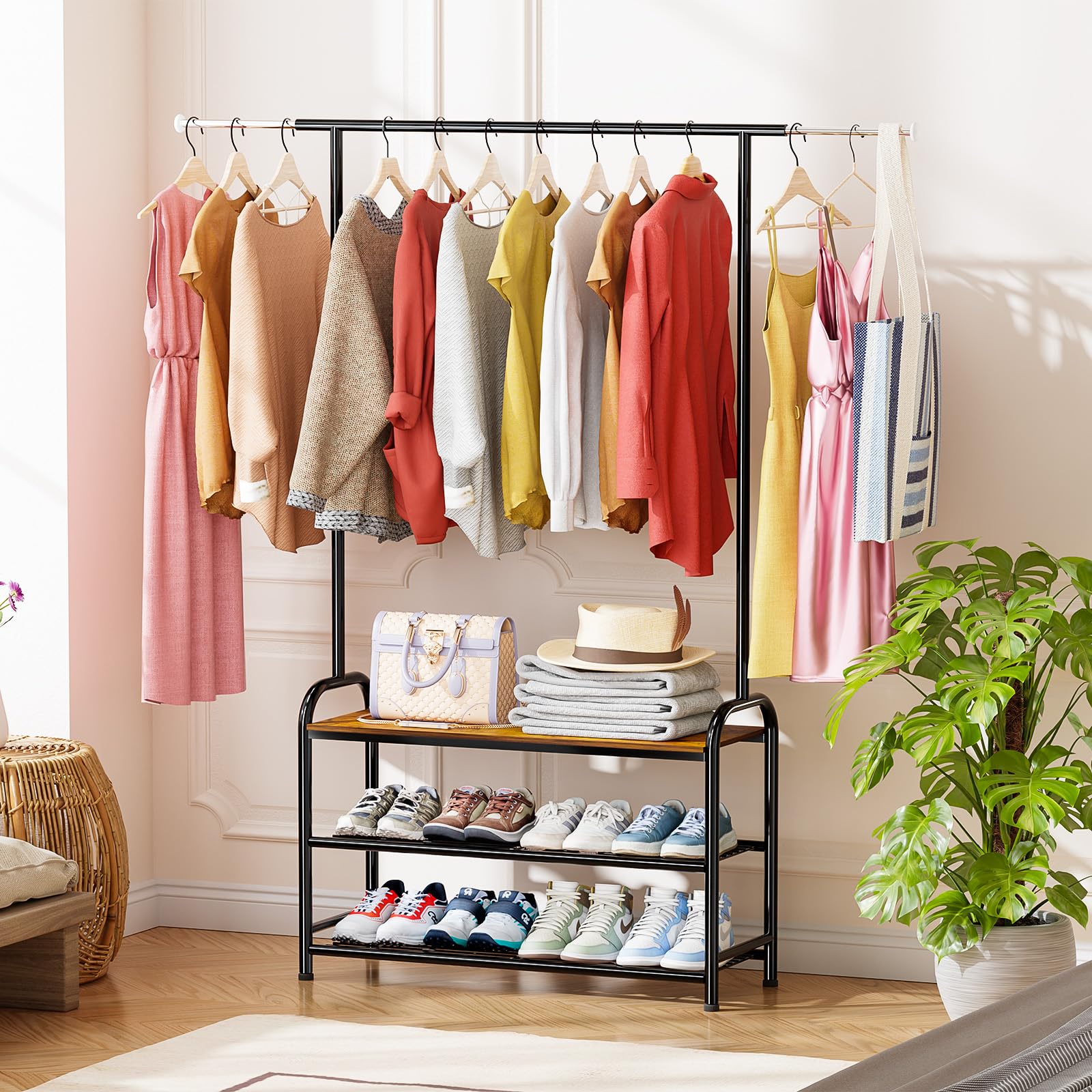 SUFAUY Heavy Duty Clothes Rack with Coat and Shoe Rack Free Standing Clothing Garment Rack with Industrial Wooden