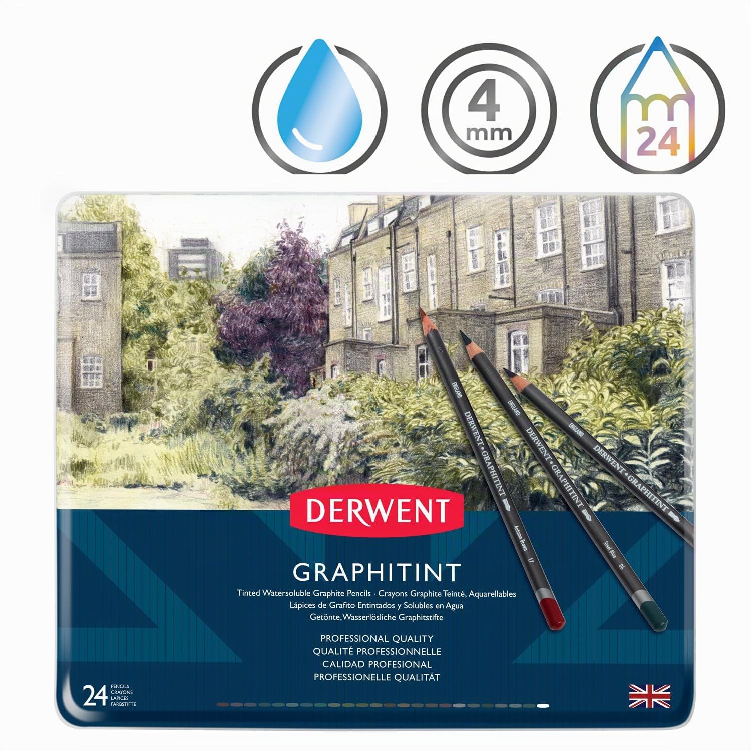 Derwent Set da 24 Matite Acquerellabili da Disegno in Grafite Colorata, Qualità Professionale