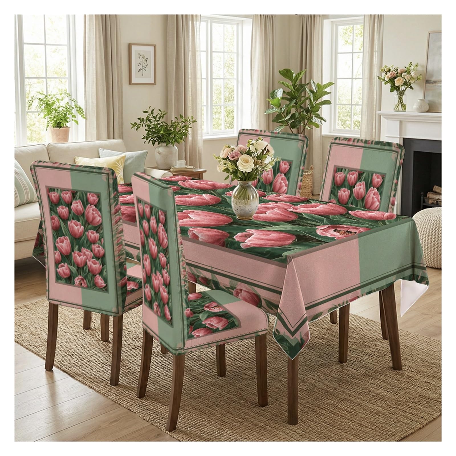 KXUAUV Stretch Dining Chair Slipcovers And Tablecloth Set, Pink Tulip Geometric Color Block Print, 5/7 Pack For Dining Room Fresh Modern Home Decor Party Decor(5pcs Set: Tablecloth+Chair Covers)