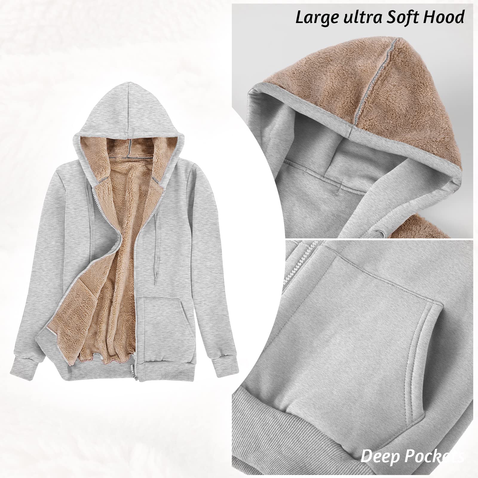 Voqeen Felpa da donna con cappuccio in tinta unita, invernale, calda, foderata, con cerniera, con cappuccio, morbida coperta in pile con tasca
