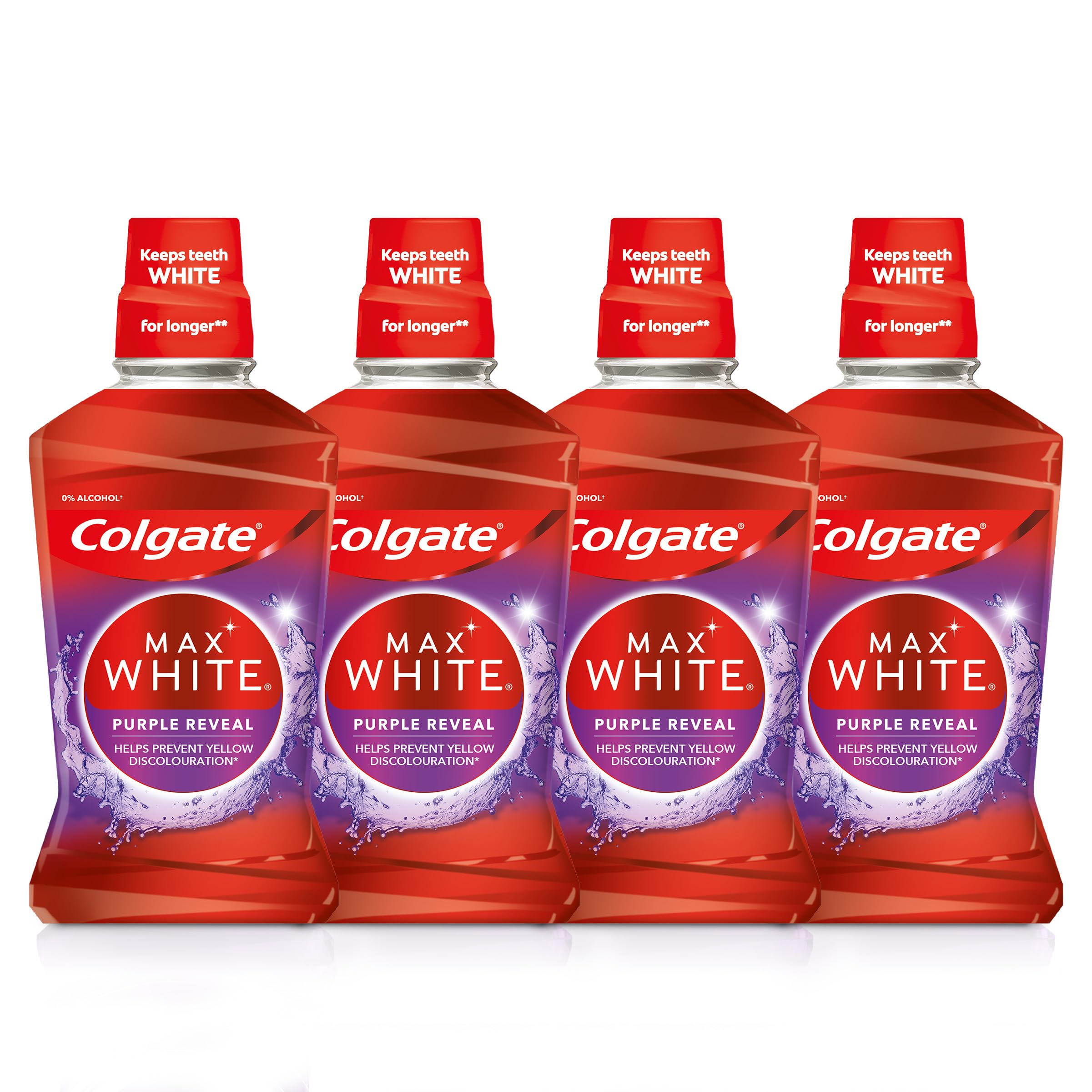Colgate Multicolor Max White Purple Reveal Enjuague Bucal 4X 500Ml |Blanqueador De Dientes |Mantiene Los Dientes Blancos Por Más Tiempo |Prevención Duradera De Manchas| Ayuda A Prevenir La Decoloración Amarilla