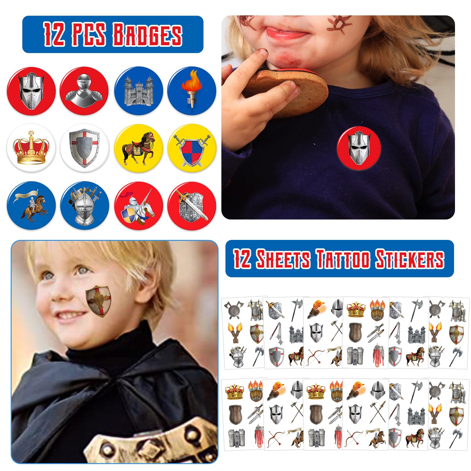 48PCS Medievale Cavaliere Party Bomboniere Decorazioni Forniture Medievale Tema Cavaliere Casco Maschere di Carta Bottone Spille Portachiavi Tatuaggi per Medievale Compleanno Cavaliere Costume Party