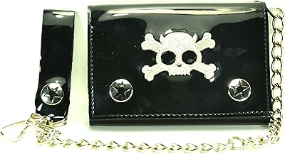 Skull Crossbone Embroidered Shiny Patent Tri-fold Bikers Wallet with 16