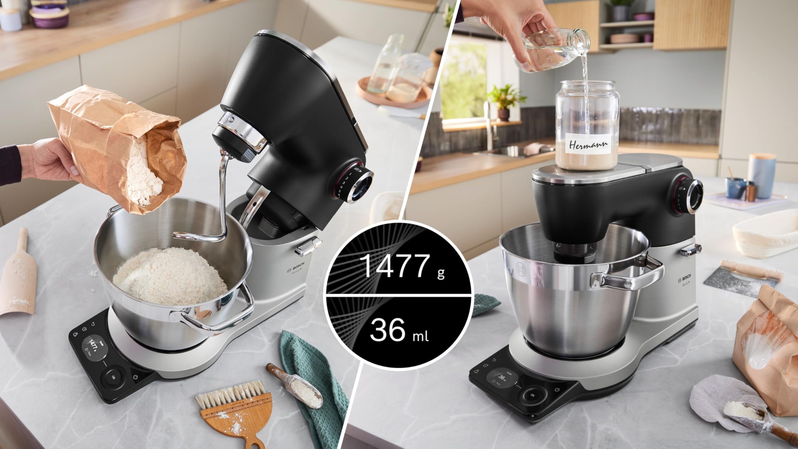 Bosch, robot kuchenny Serie 8, z wagą, silnik 1800 W chłodzony powietrzem, system mieszania planetarnego 3D, zestaw cukierniczya, misa 6,0 l, dodatkowa misa, metalowa obudowa, MUMS8ZS18