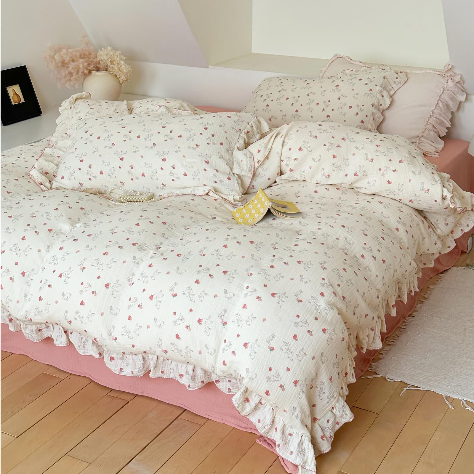 BuLuTu Chic Shabby Vintage Floral Duvet Cover Twin for Kids Girls Boys 100% Cotton Muslin Ruffled Quilt Cover Twin, 68"x86", Flower Rabbit Print, Soft