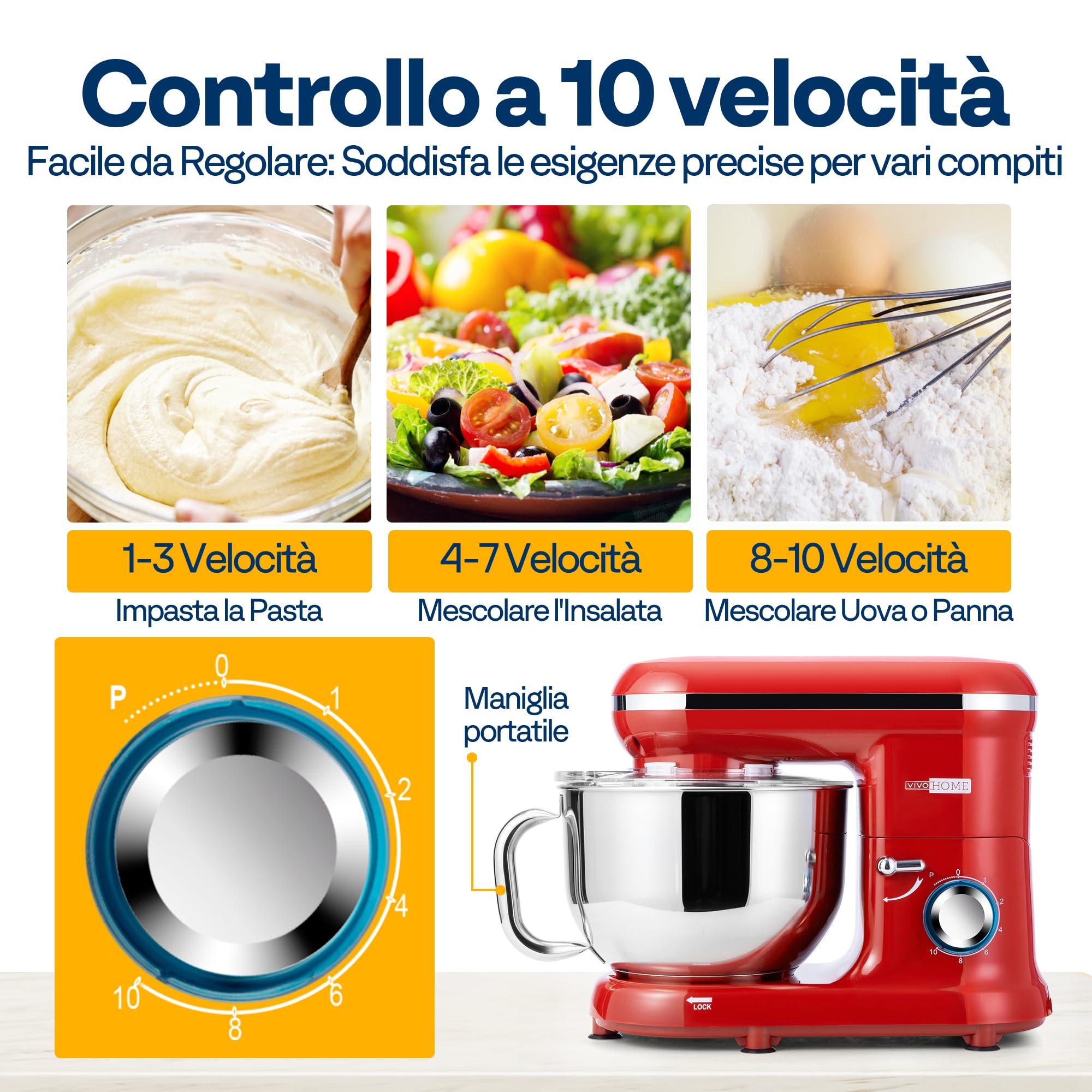 VIVOHOME Impastatrice Planetaria Professionale 5,7L 10 Velocità 1500W Contenitore in Acciaio Inox, Impastatore da Cucina Multifunzione con Gancio per Impastare Frusta per Dolci, Rosso