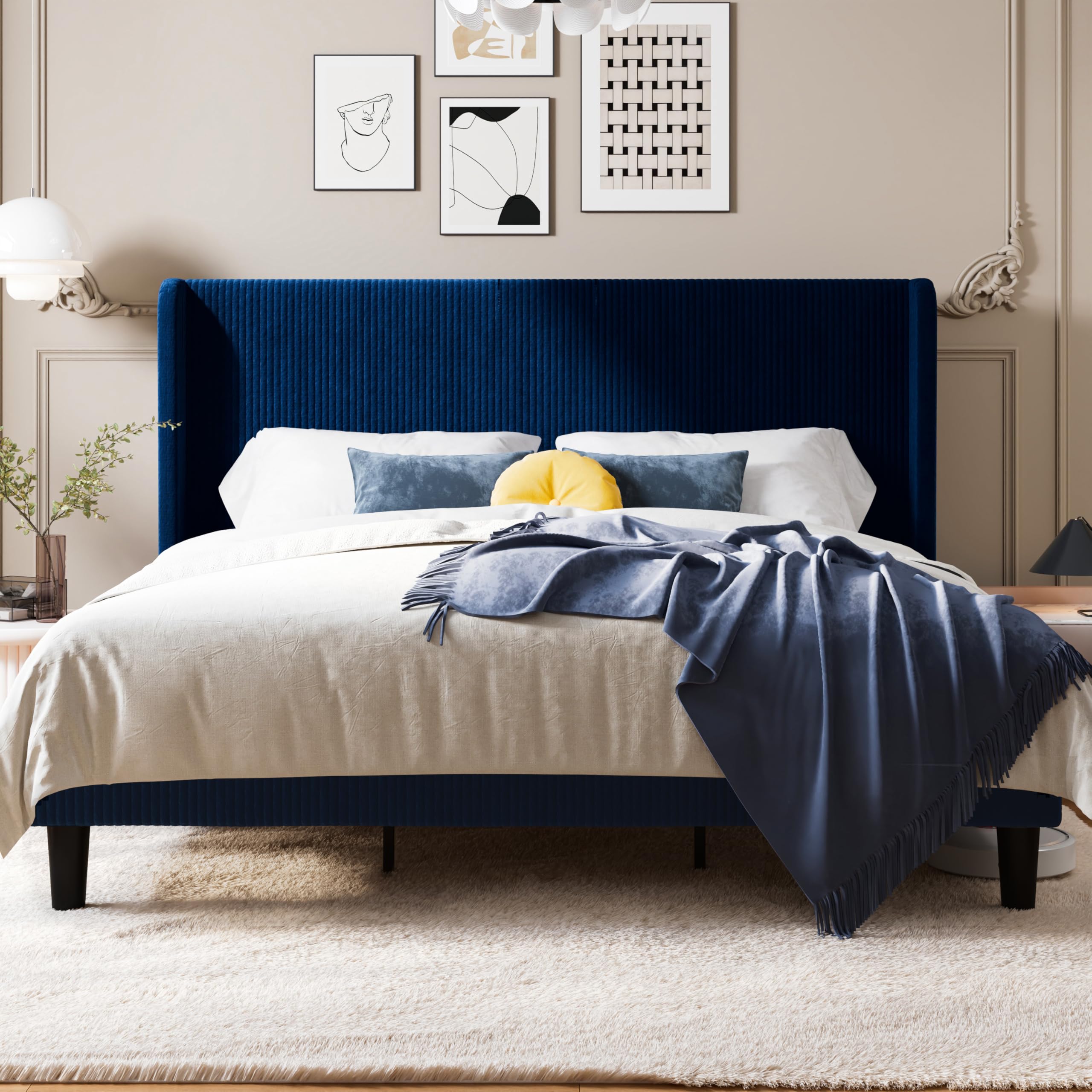 SHA CERLIN King Size Corduroy Upholstered Platform Bed Frame with Vertical Channel Tufted Wingback Headboard, 8" Under Bed Storage, Wooden Slats &