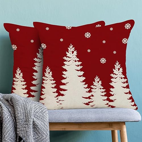 Miniatura 2 de Juego de 2 fundas de almohada de Navidad de 18 x 18 pulgadas, diseño de copos de nieve de árbol de Navidad, color rojo y blanco, fundas decorativas