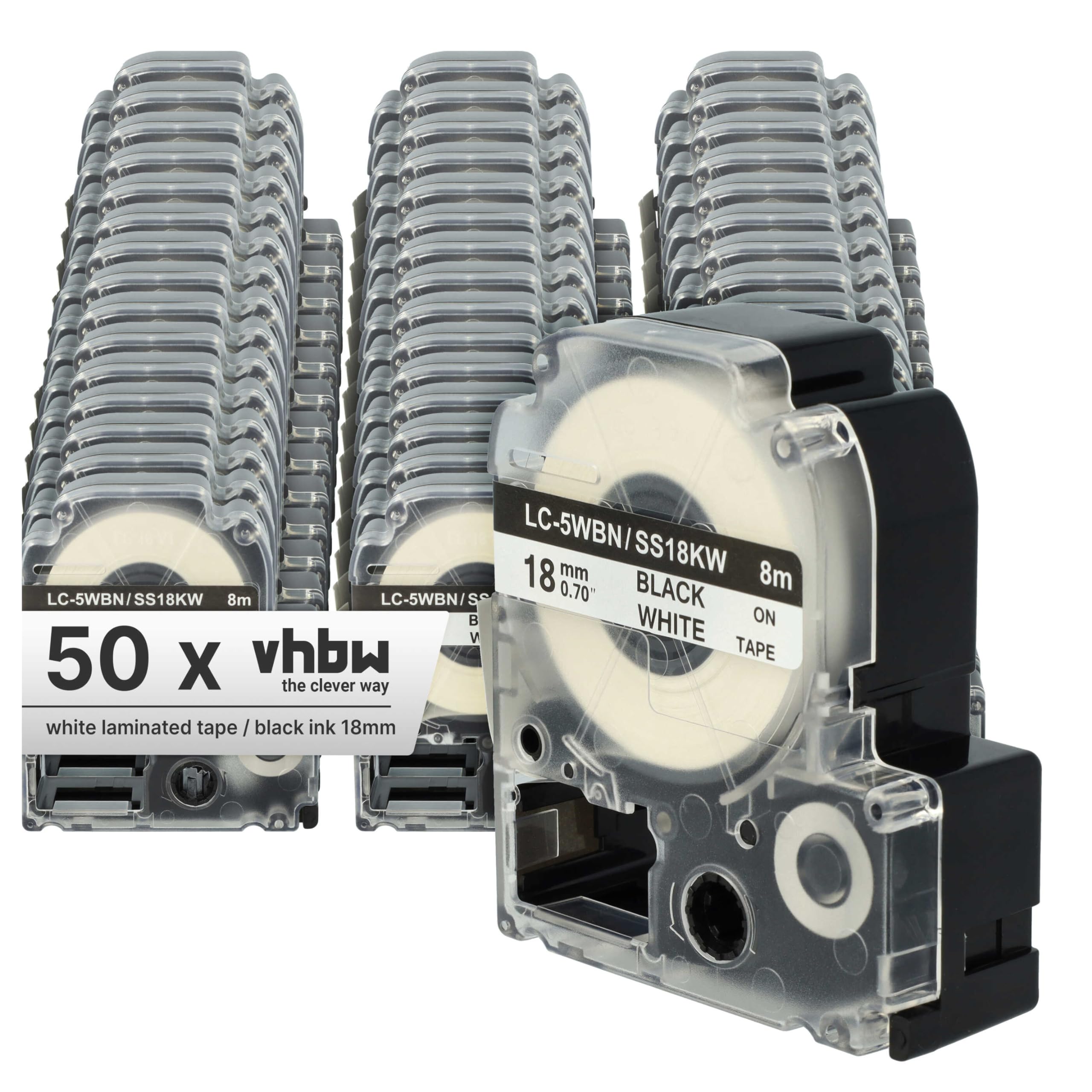 vhbw 50x cinta de escritura compatible con KingJim SR-PBW1, SR-RK1, SR6700D, SR750, SR950 impresora etiqueta 8m x 18 mm negro a blanco