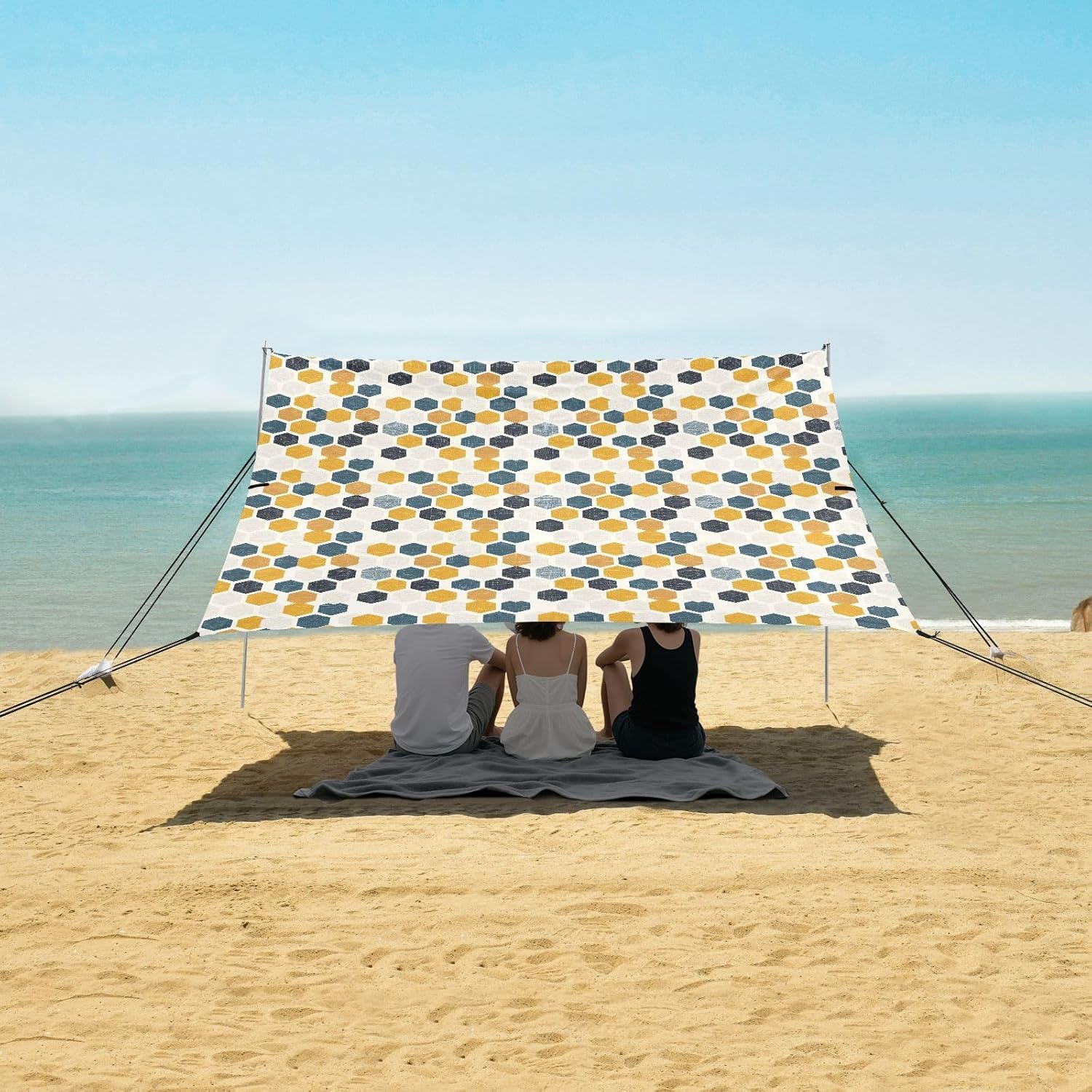 ALAZA Retro Hexagons Honeycomb Beach Tent Sun Shelter UPF50+ Protection Beach Shade Canopy w/ 4 Sandbags for Outdoor Camping, Fishing, Backyard Fun, Picnic, 10x9 ft