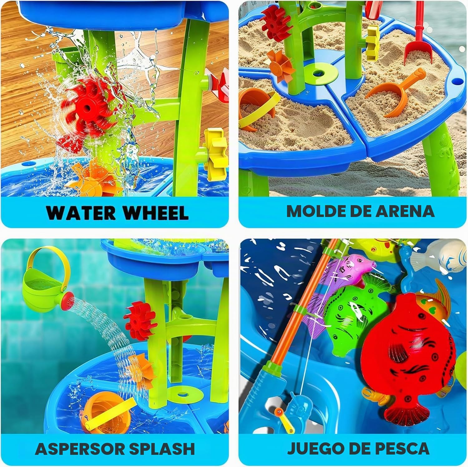 CozyBomB Mesa de juegos acuáticos para niños al aire libre de 3 pisos – Mesa de arena y agua con rueda de agua, aspersor y juego de pesca, juguete acuático para niños al aire libre a partir de 3, 4 y