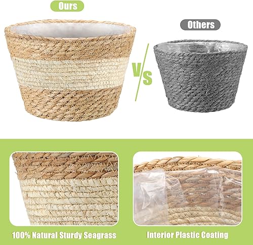 Miniatura 3 de Juego de 6 macetas grandes de hierba marina para interiores de 10.2 pulgadas, macetas tejidas de ratán con forro de plástico impermeable, cestas de