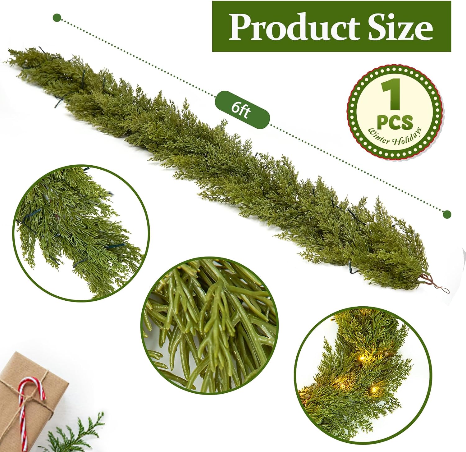 6FT Cedar Garland Christmas Winter Artificial Faux Greenery Garland for Table Mantle Stairs Fireplace Wall Decor Outdoor Indoor Porch Home Decorations - Image 3